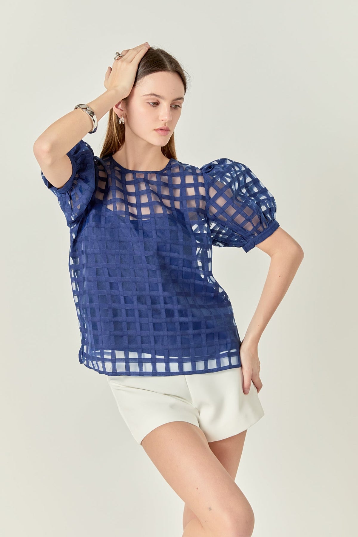 ENGLISH FACTORY - Plaid Sheer Puff Sleeve Top - TOPS available at Objectrare