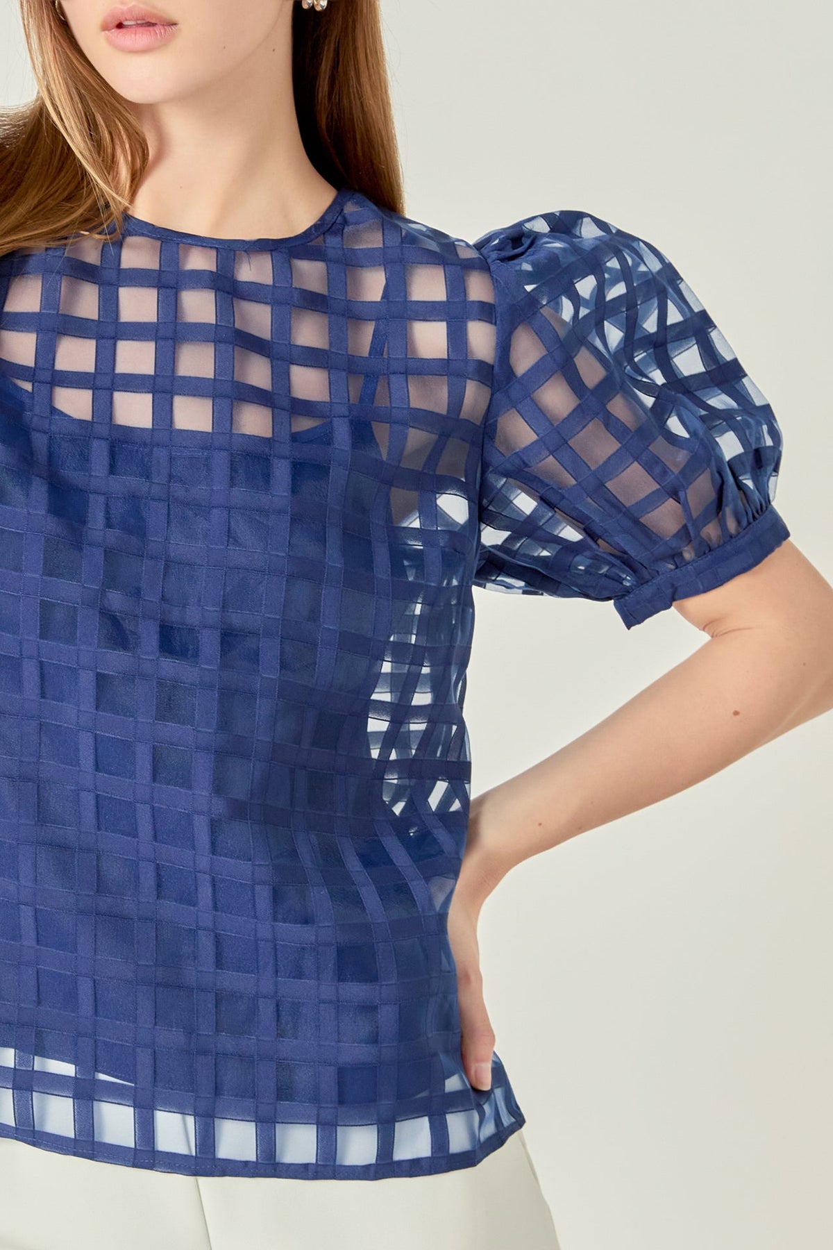 ENGLISH FACTORY - Plaid Sheer Puff Sleeve Top - TOPS available at Objectrare