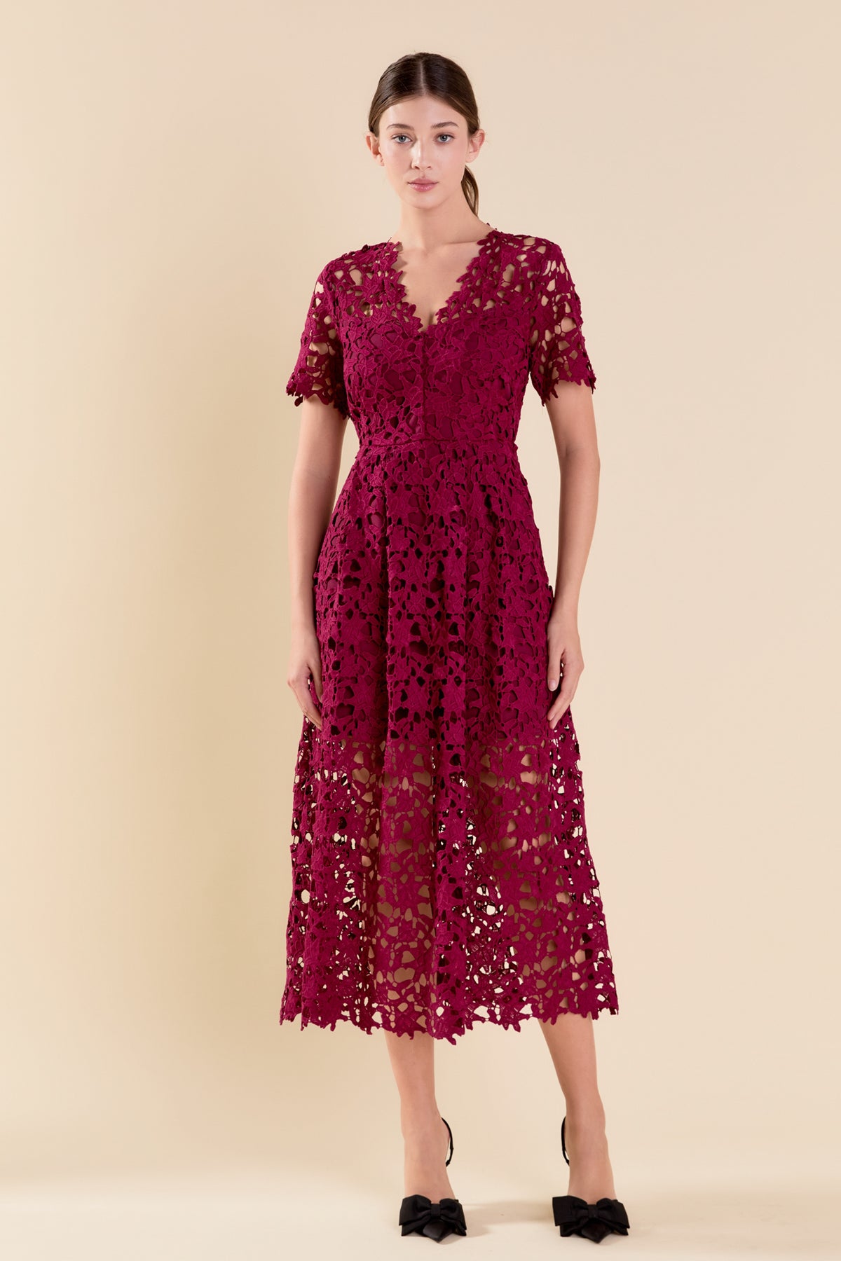All Over Lace Short Sleeves Midi Dress