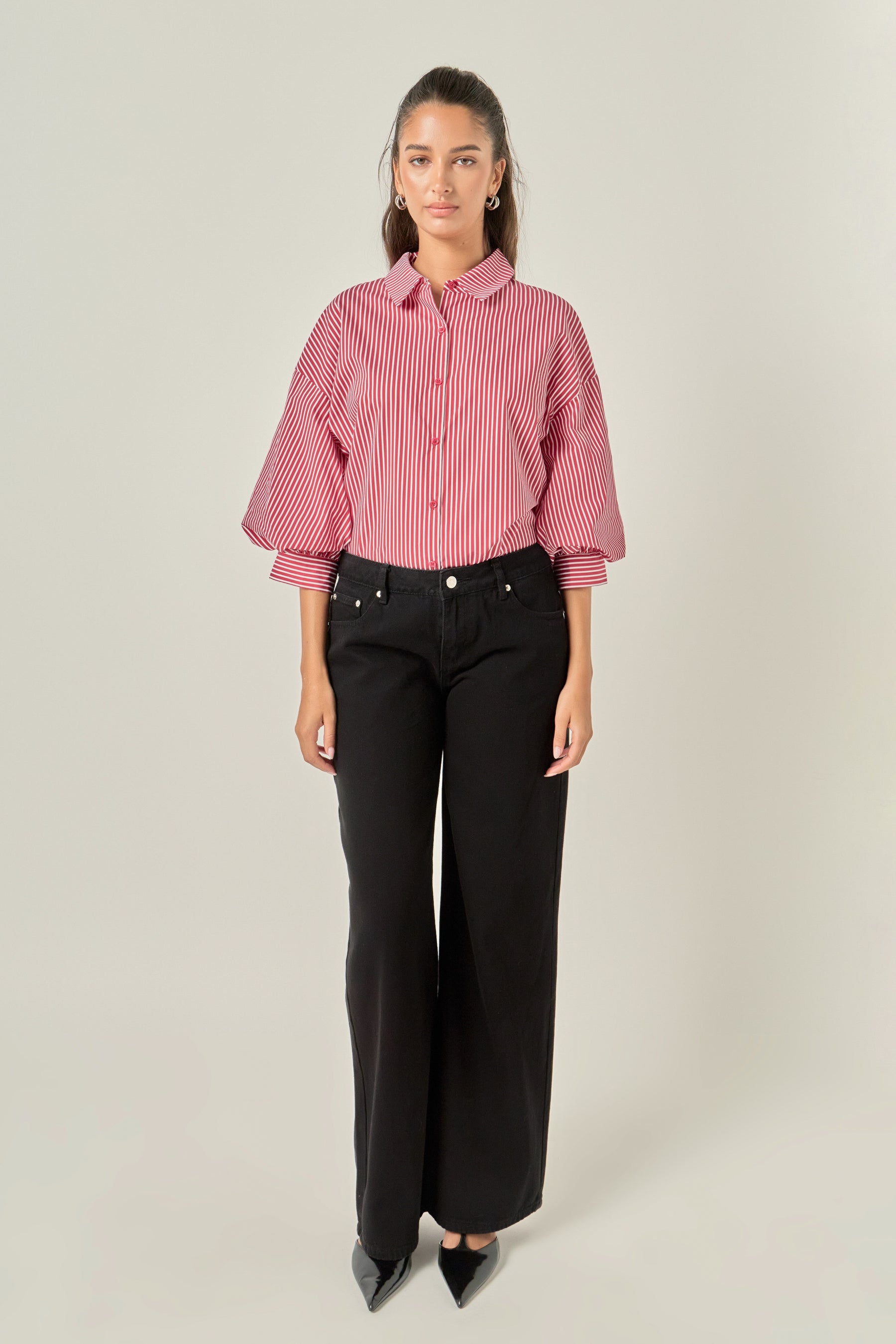 Striped Button-Up Puff Sleeve Shirt