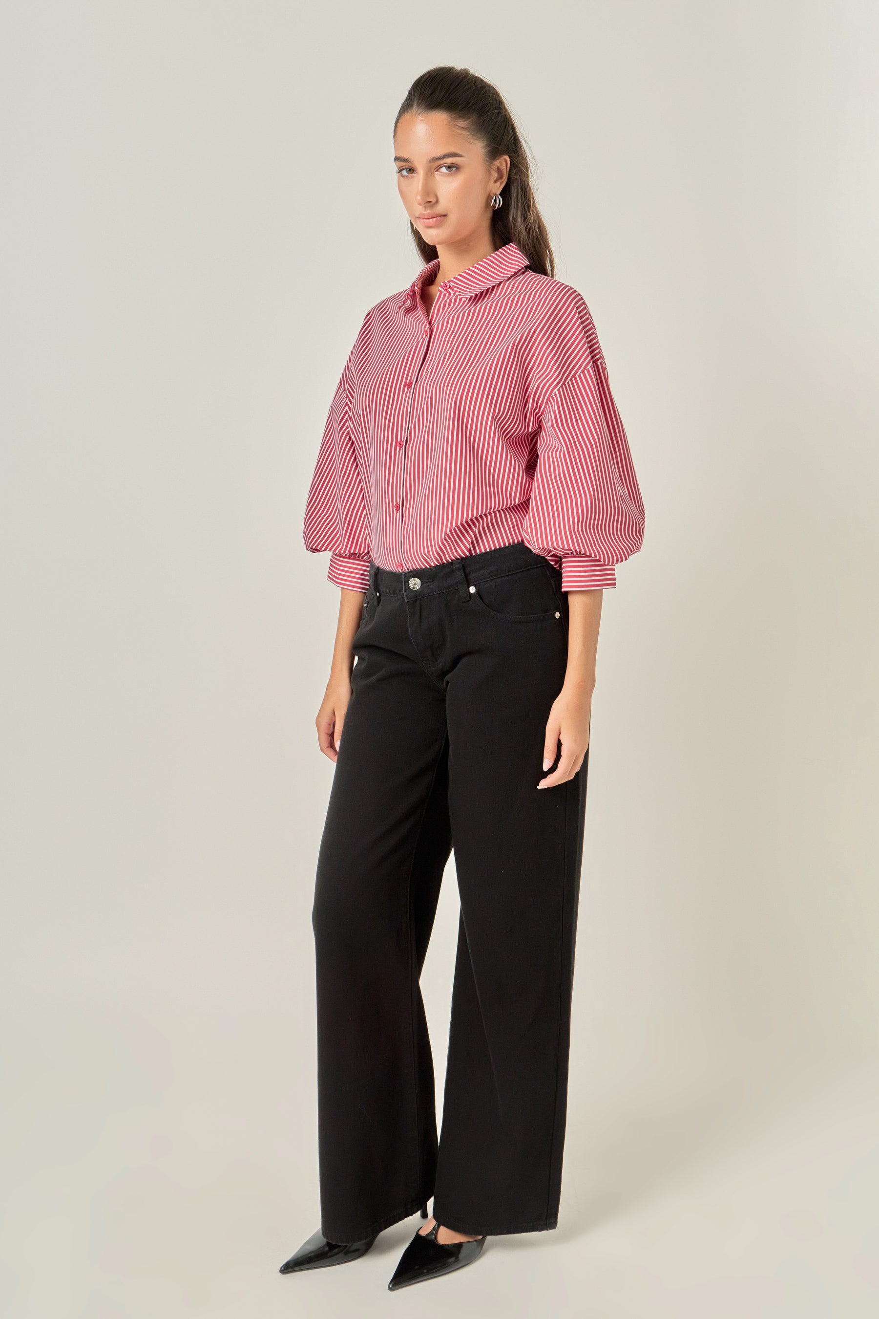 Striped Button-Up Puff Sleeve Shirt