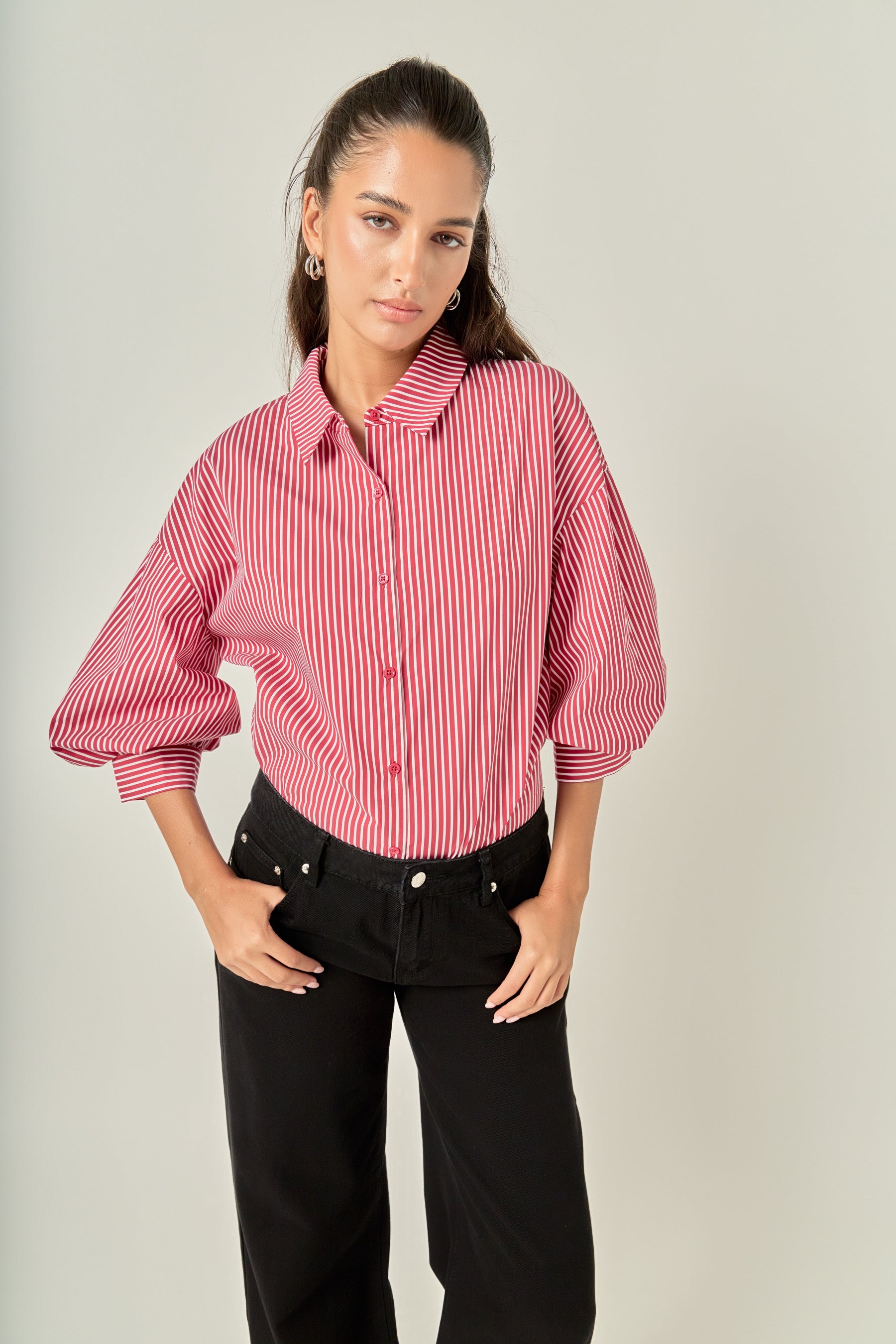 Striped Button-Up Puff Sleeve Shirt