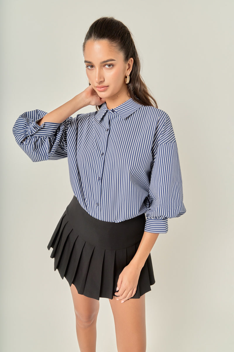 Striped Button-Up Puff Sleeve Shirt