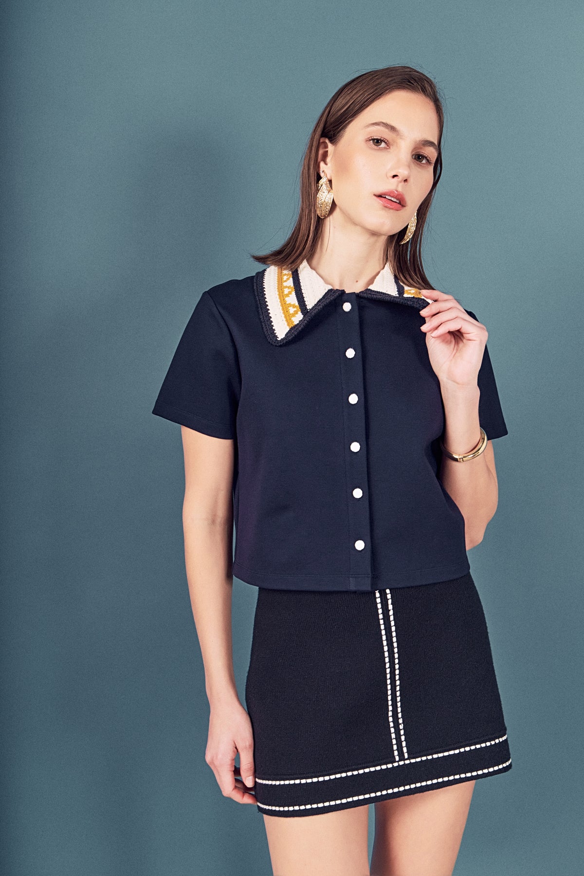 Knitted Collar Button Up Top