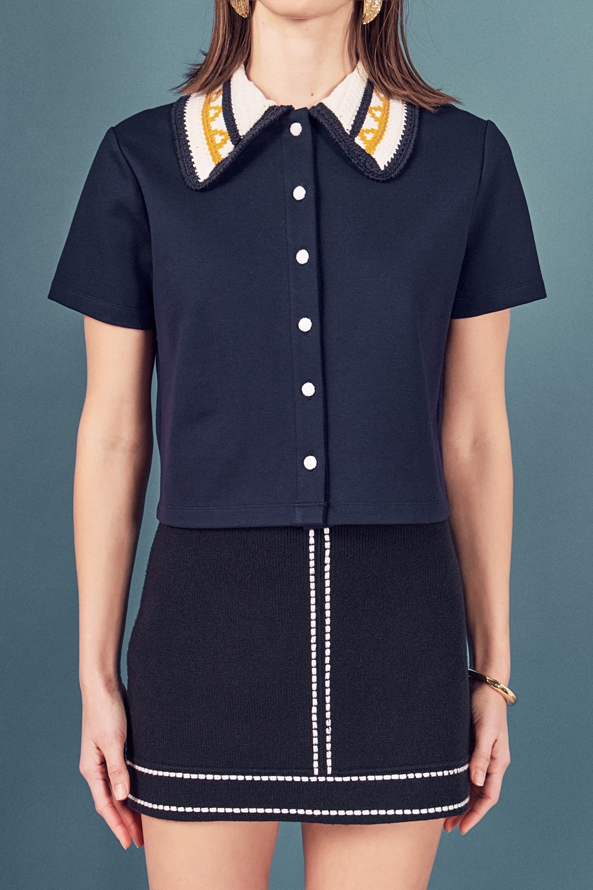 Knitted Collar Button Up Top