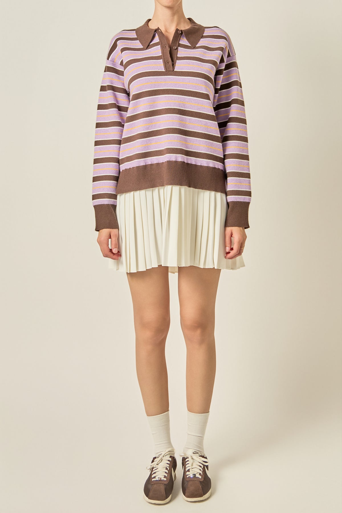 Pleated Hem Polo Knit Mini Dress