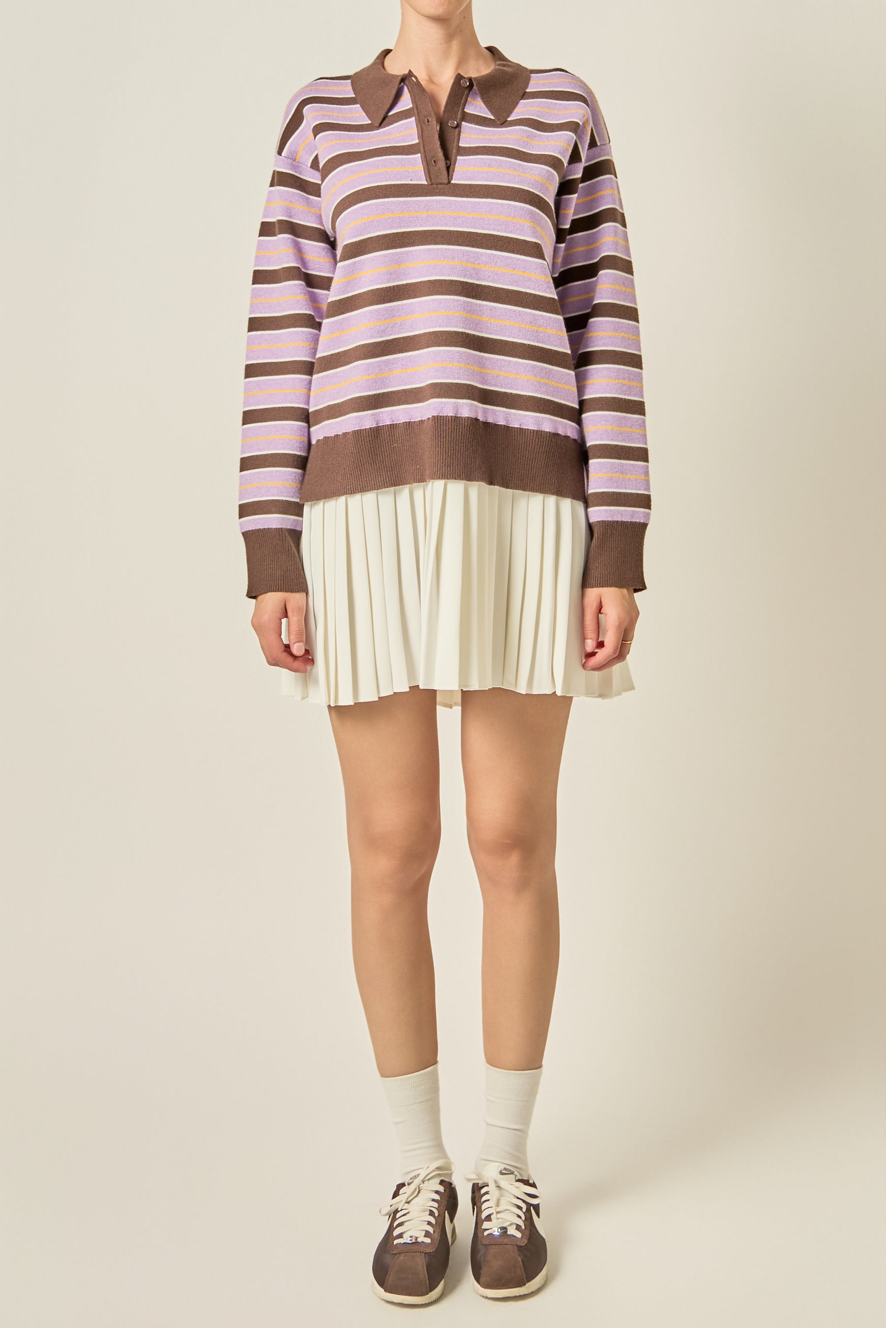 Pleated Hem Polo Knit Mini Dress