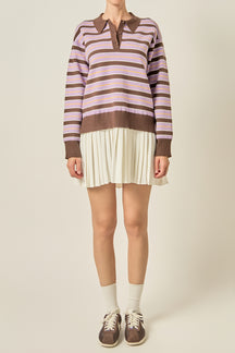 Pleated Hem Polo Knit Mini Dress
