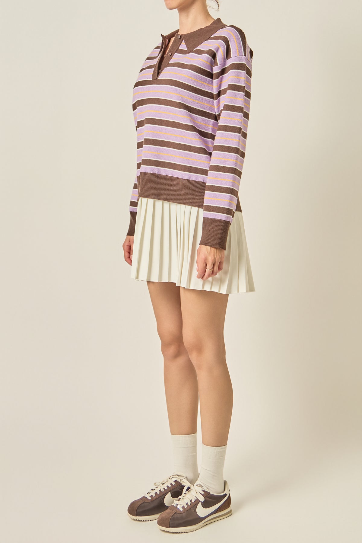 Pleated Hem Polo Knit Mini Dress