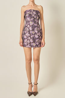 Floral Jacquard Strapless Mini Dress