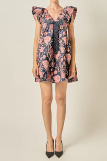 Beaded Bow Floral Jacquard Mini Dress