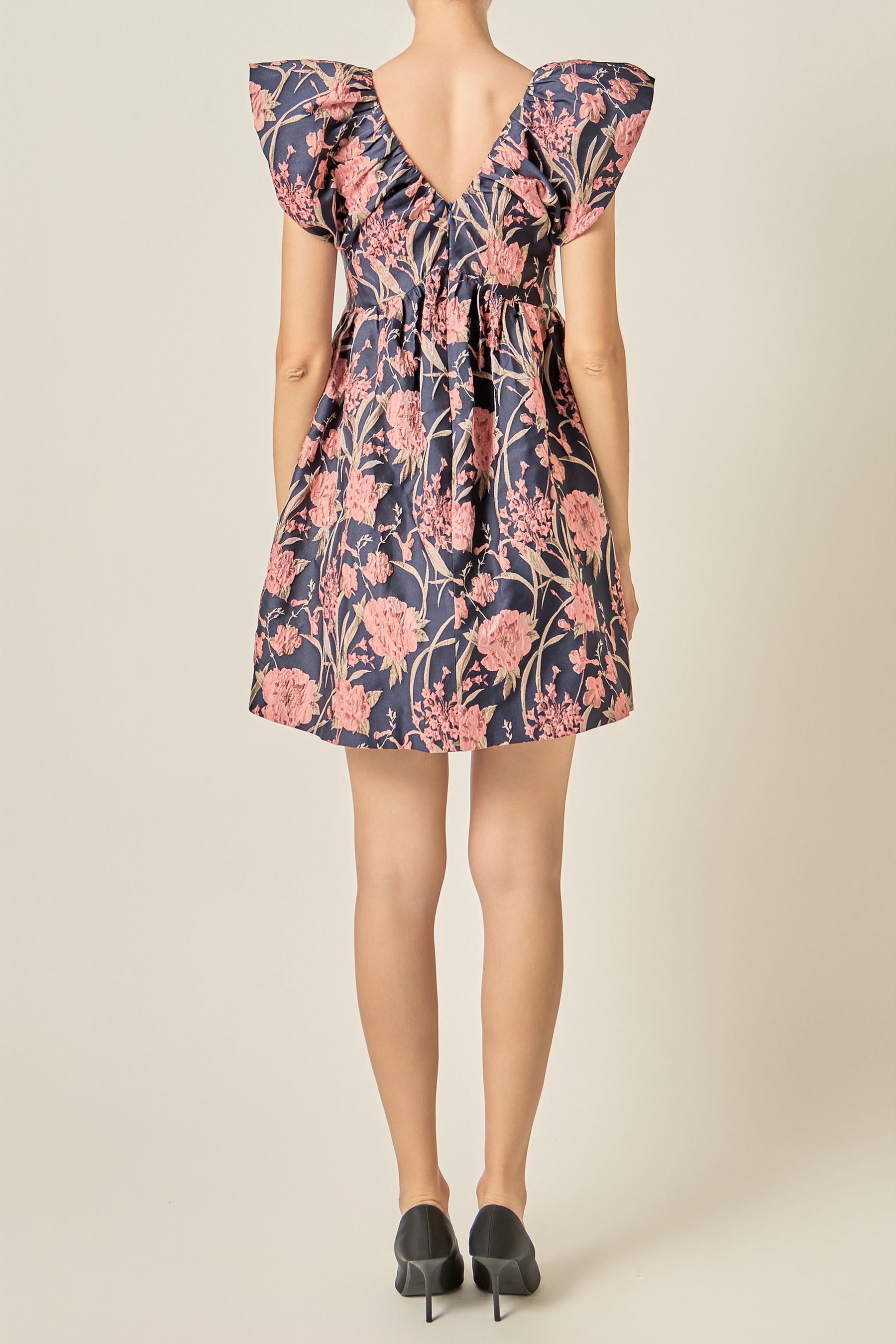 Beaded Bow Floral Jacquard Mini Dress