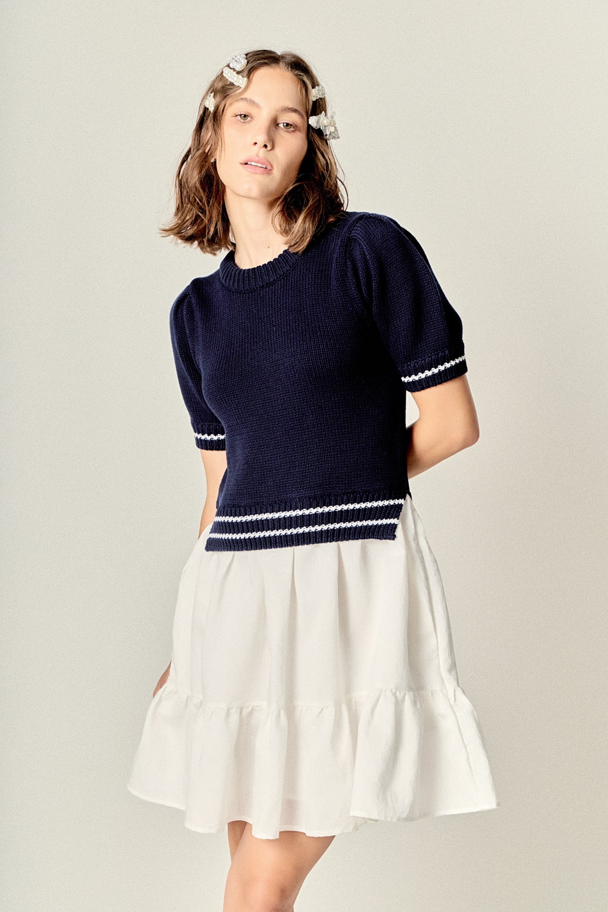 Mixed Media Puff Sleeve Mini Dress