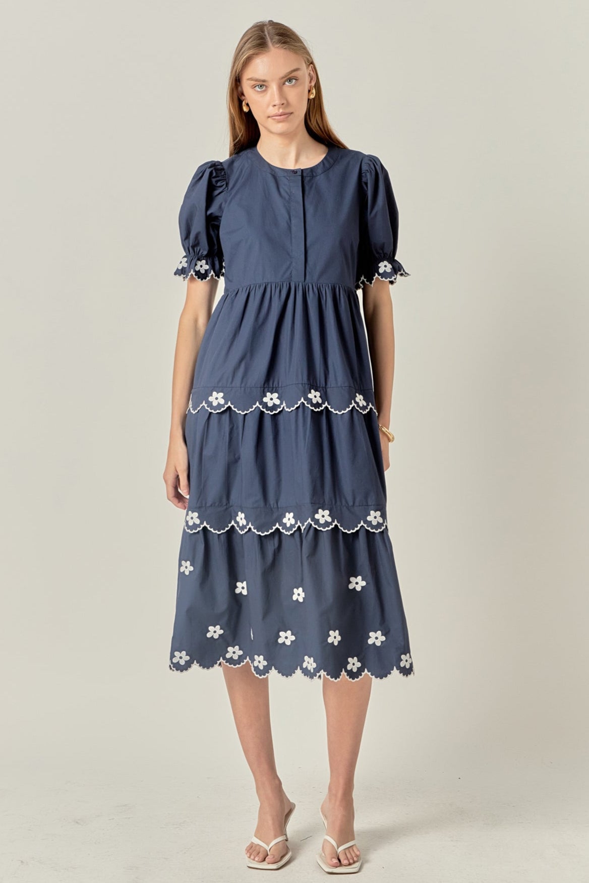 Scallop Embroidered Puff Sleeve Midi Dress