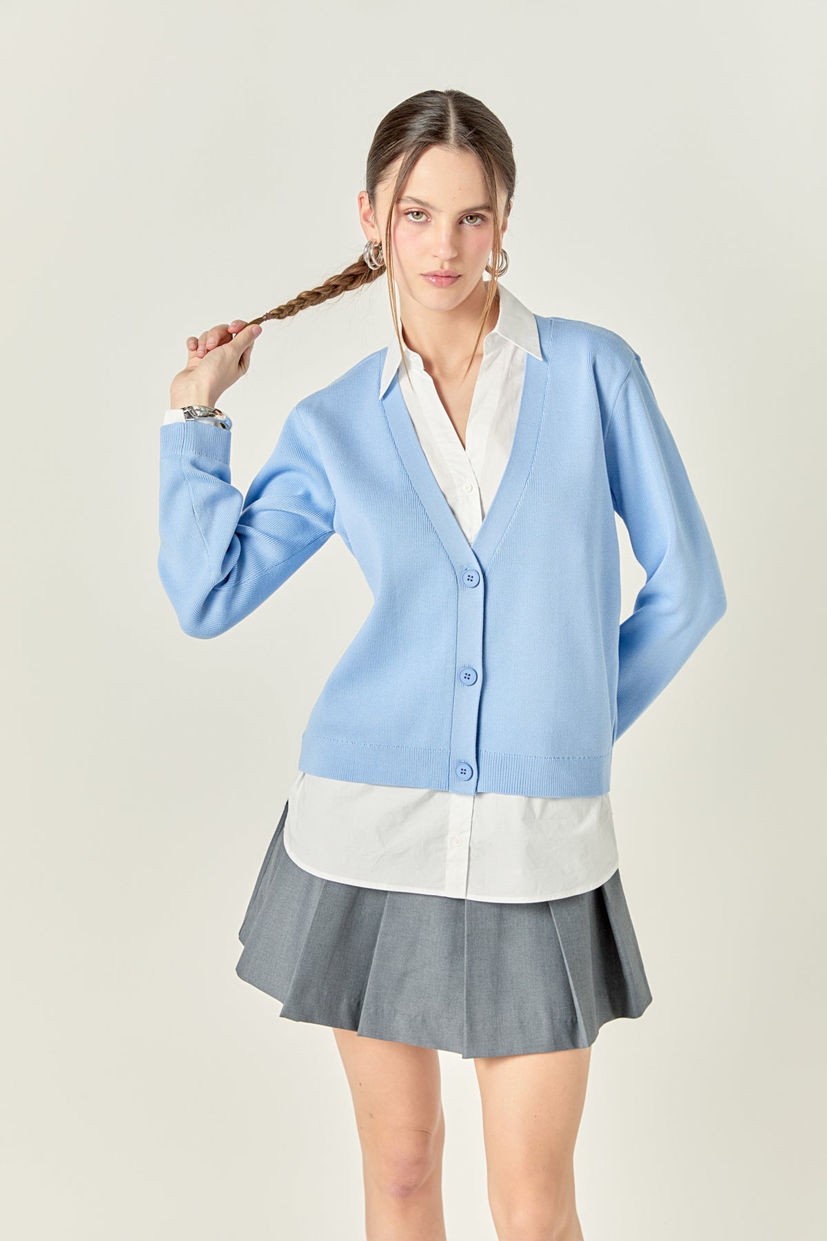 Layered Look Mixed Media V-Neck Cardigan