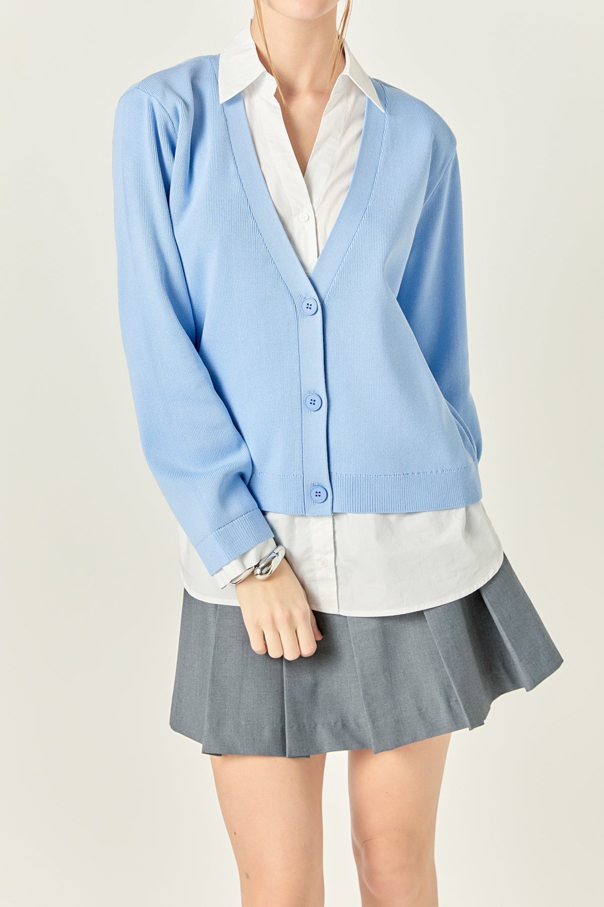 Layered Look Mixed Media V-Neck Cardigan