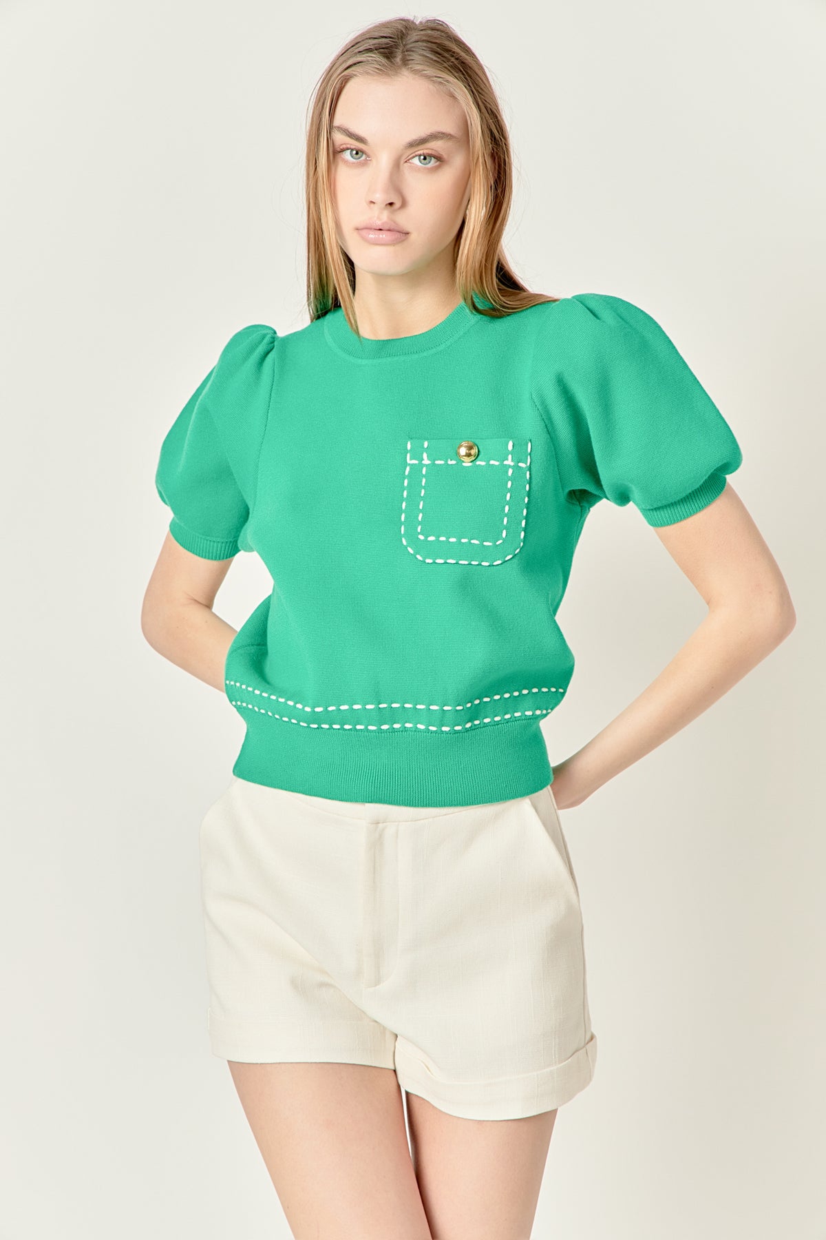 Puff Sleeve Stitch Detail Knit Top