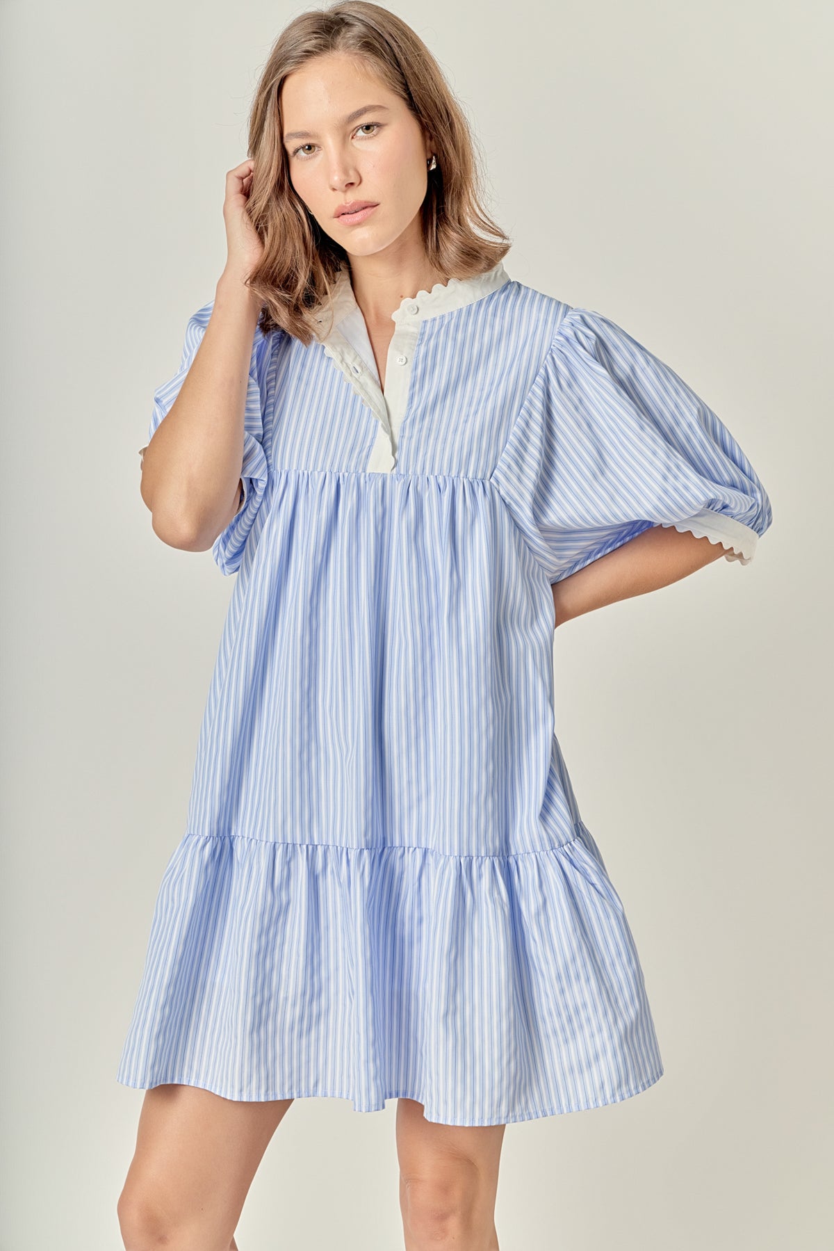 Scallop Trim Puff Sleeve Stripe Mini Dress