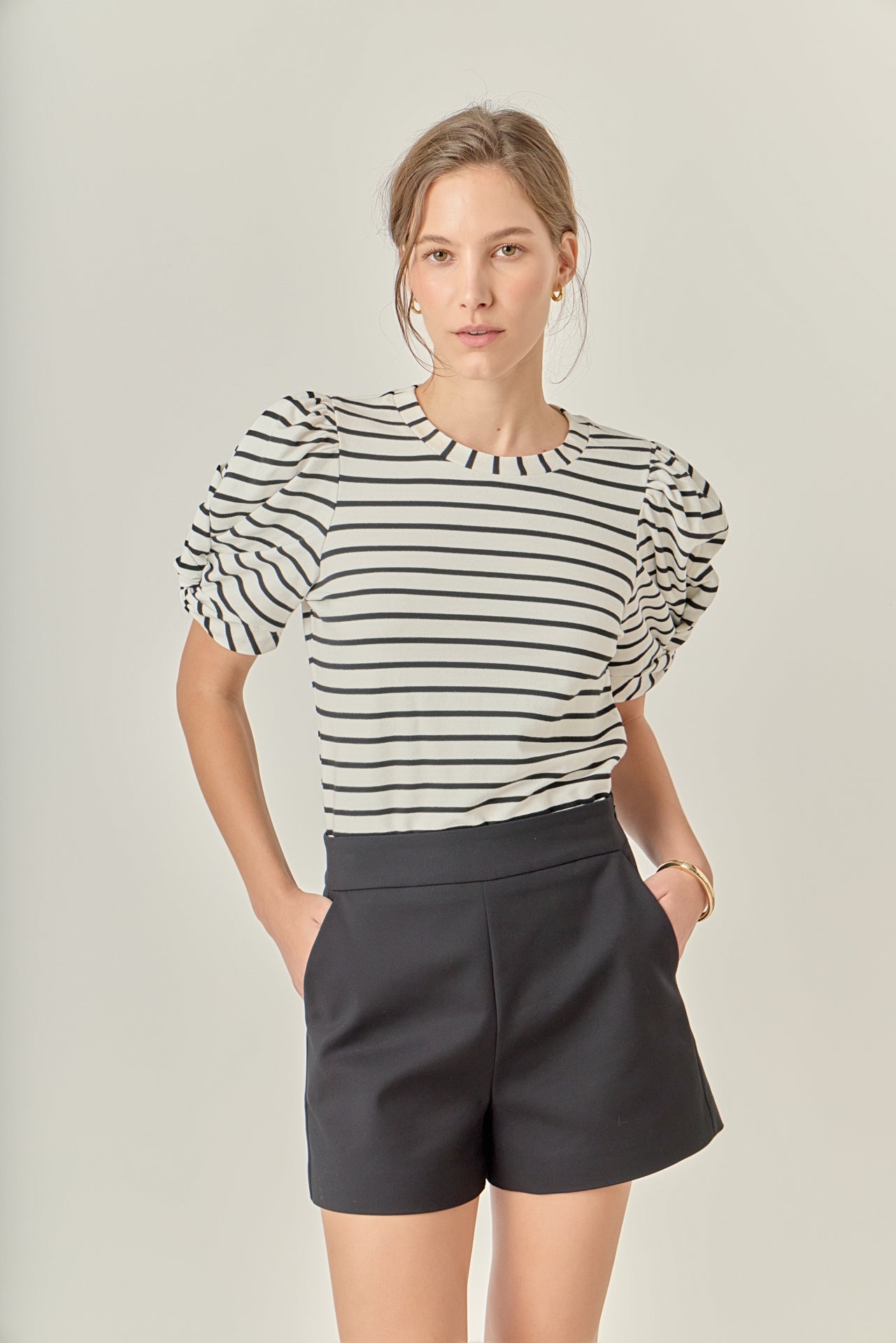 Striped Puff Sleeve Crewneck Top