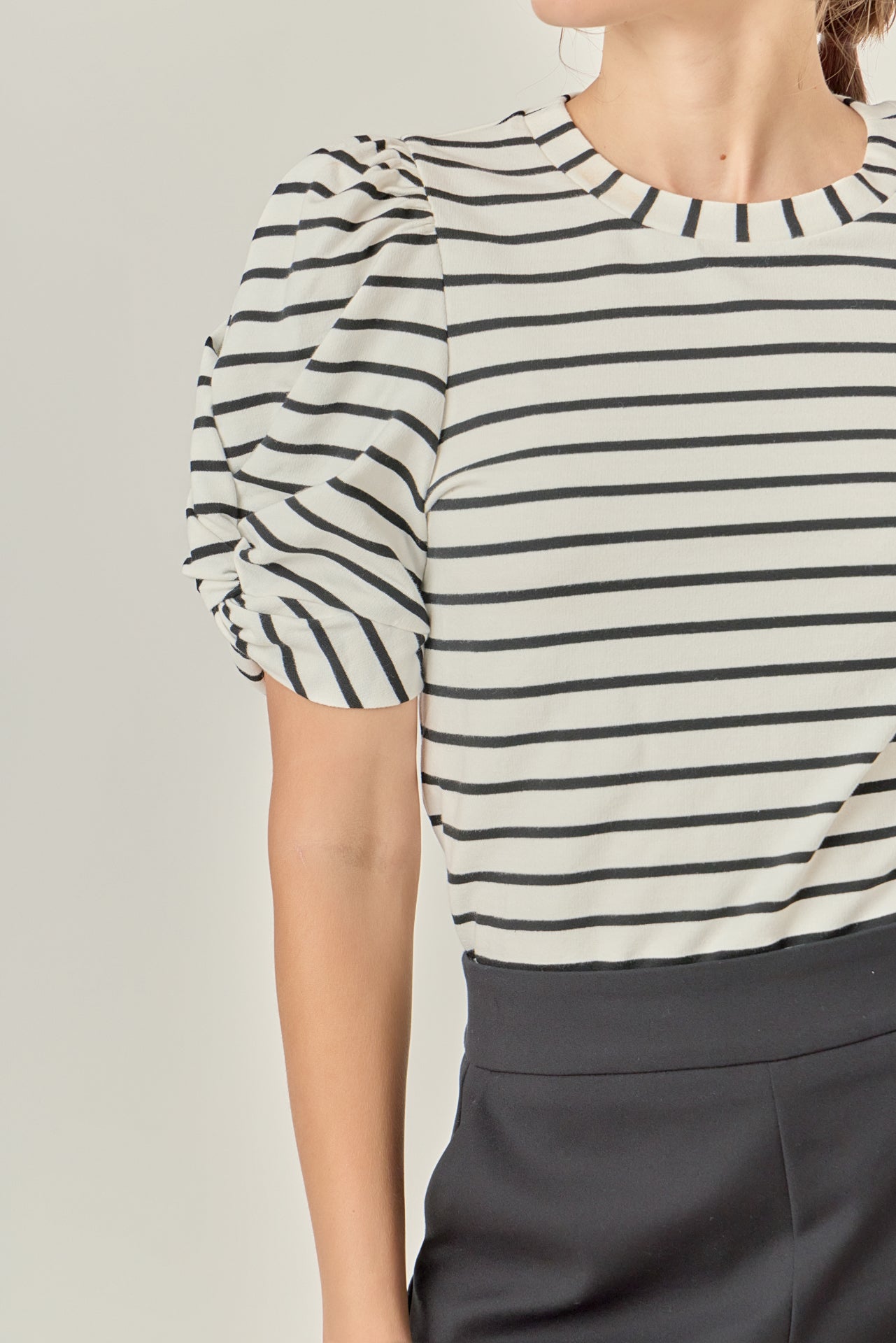 Striped Puff Sleeve Crewneck Top