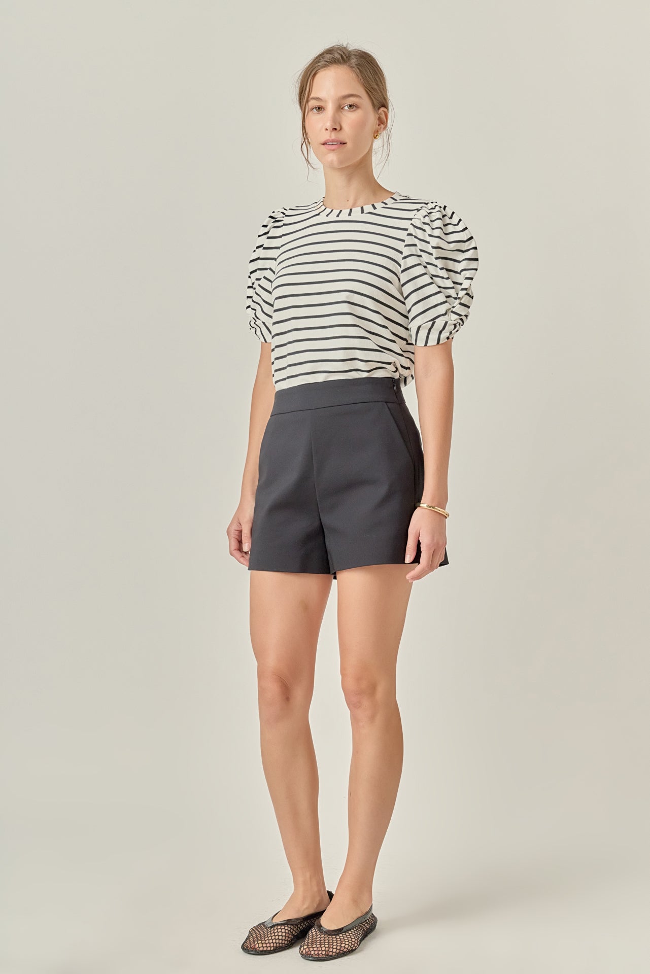 Striped Puff Sleeve Crewneck Top