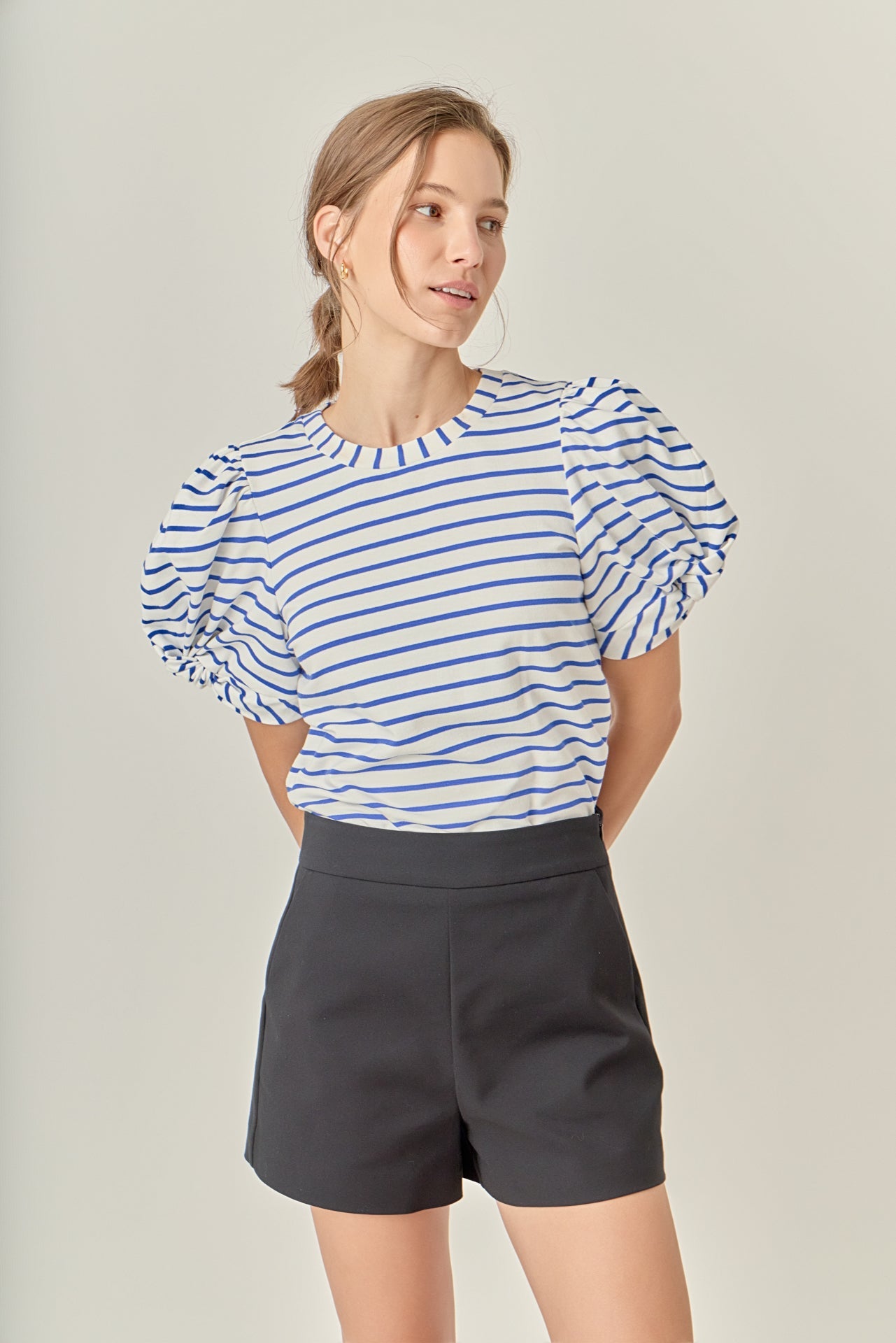 Striped Puff Sleeve Crewneck Top