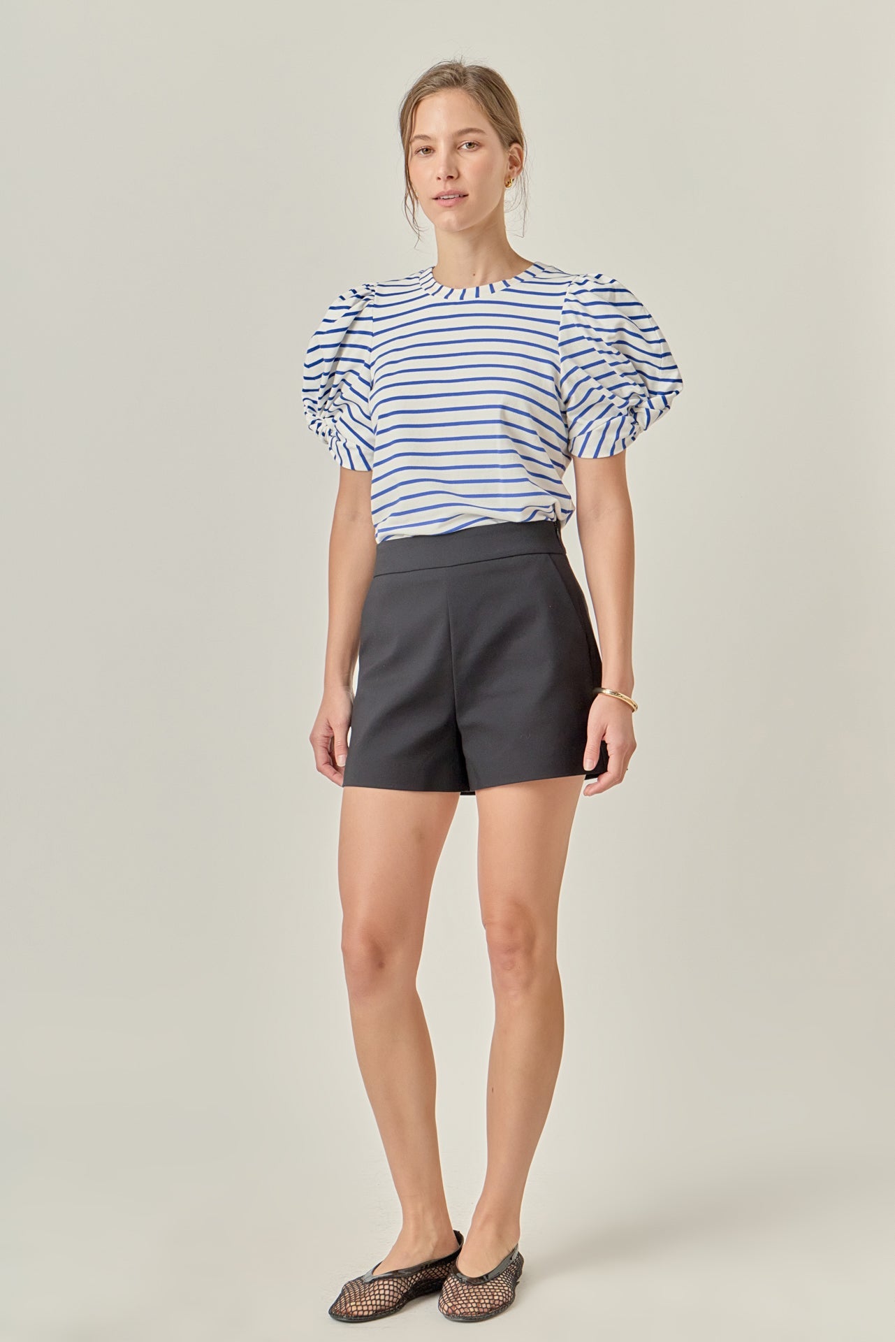 Striped Puff Sleeve Crewneck Top
