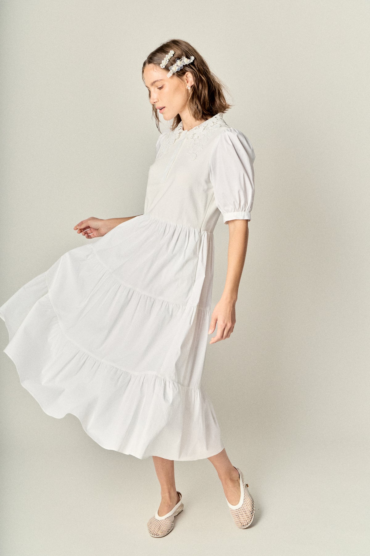 Mixed Media Embroidered Collar Midi Dress