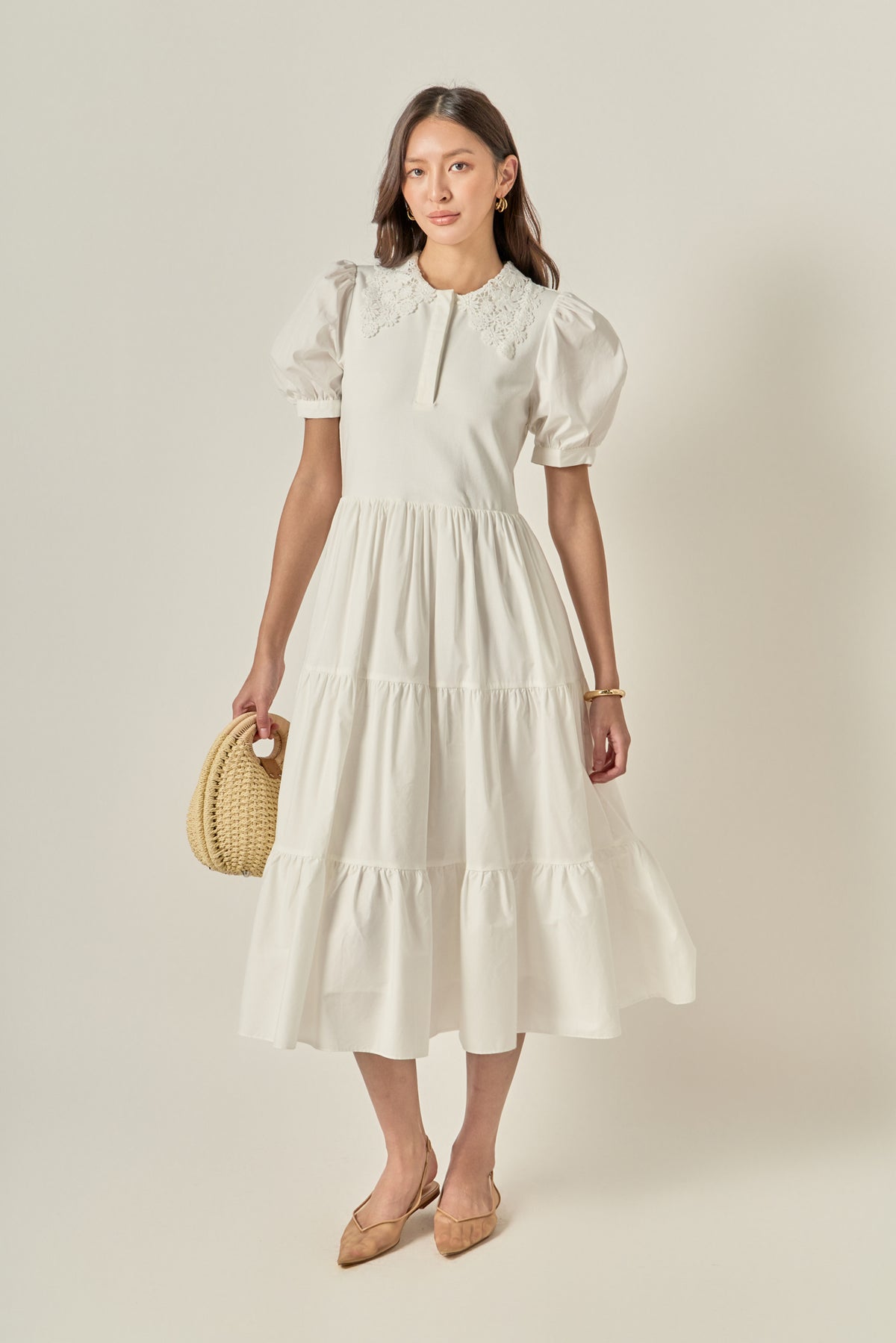 Mixed Media Embroidered Collar Midi Dress