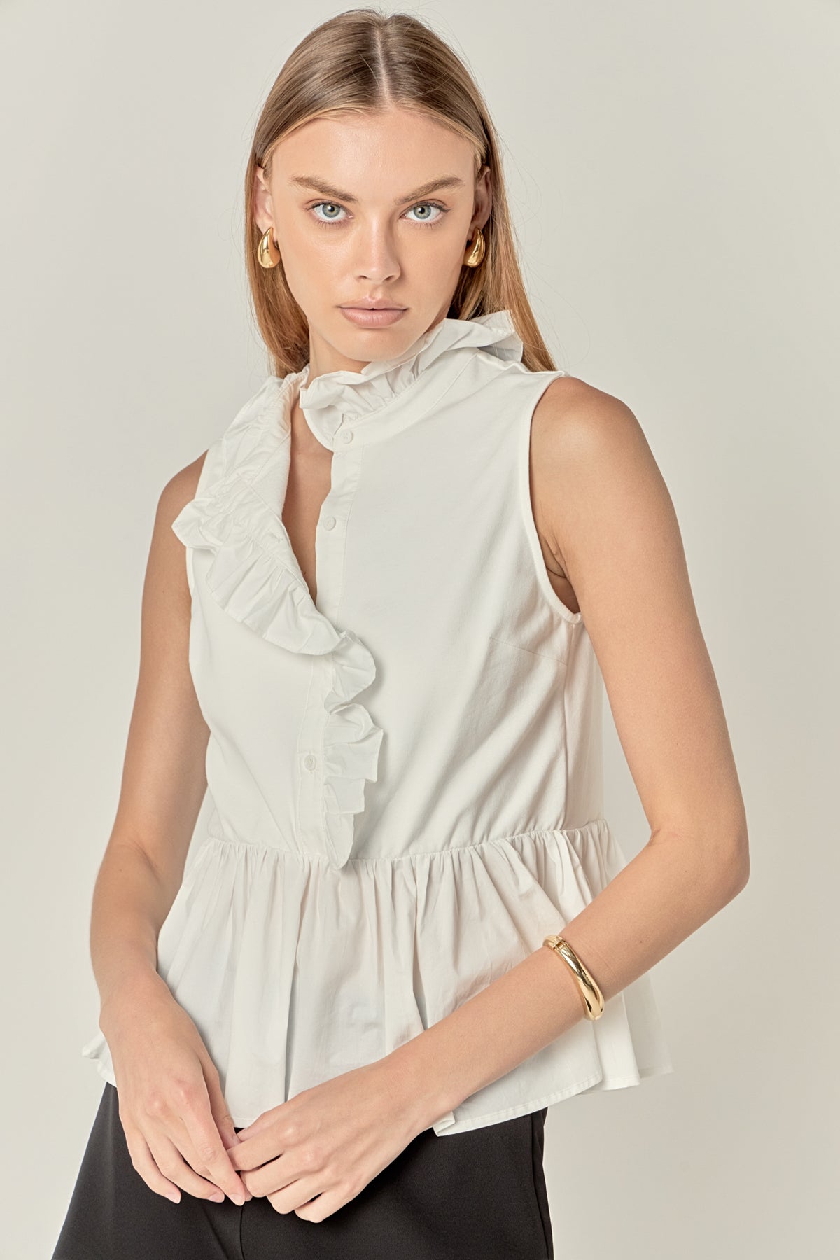 Sleeveless Ruffle Peplum Mixed Media Top