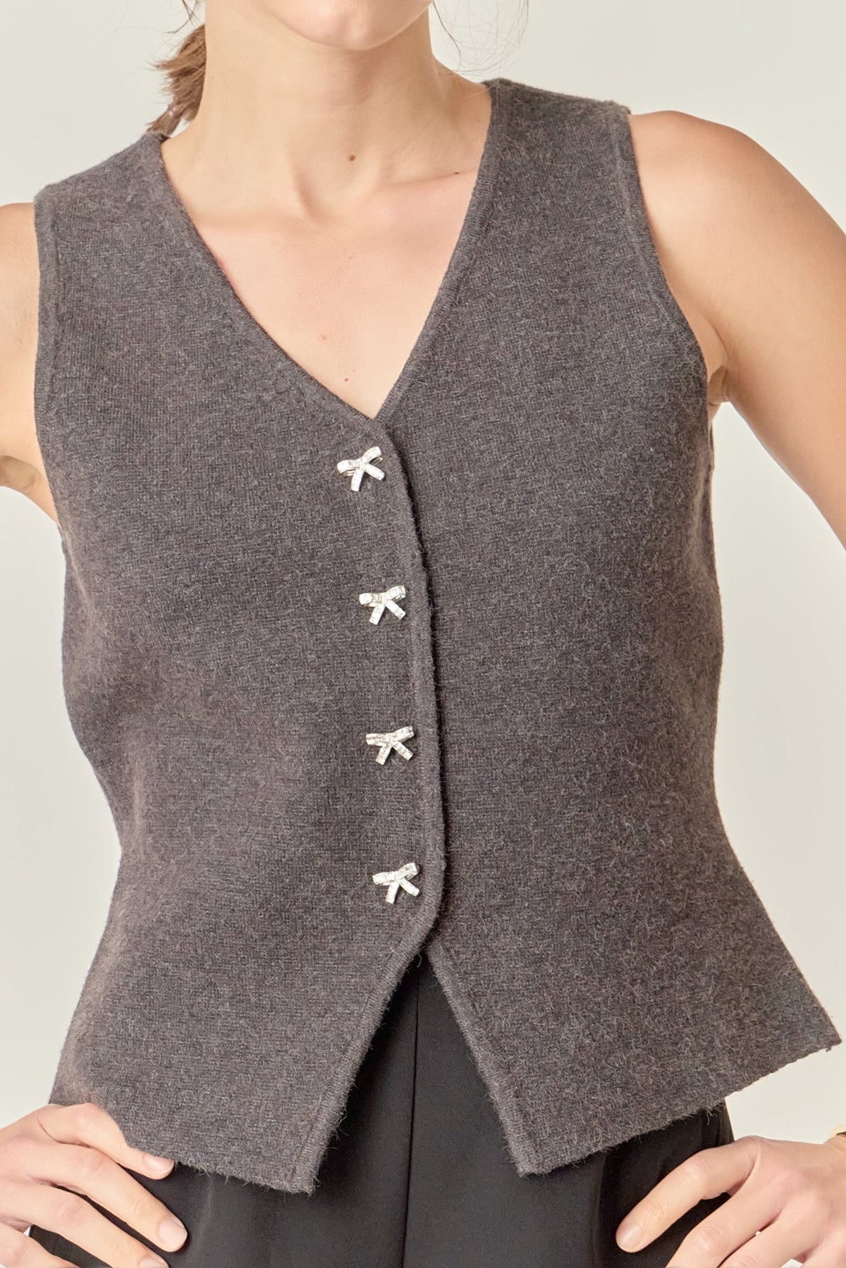 Rhinestone Bow Button Knit Vest