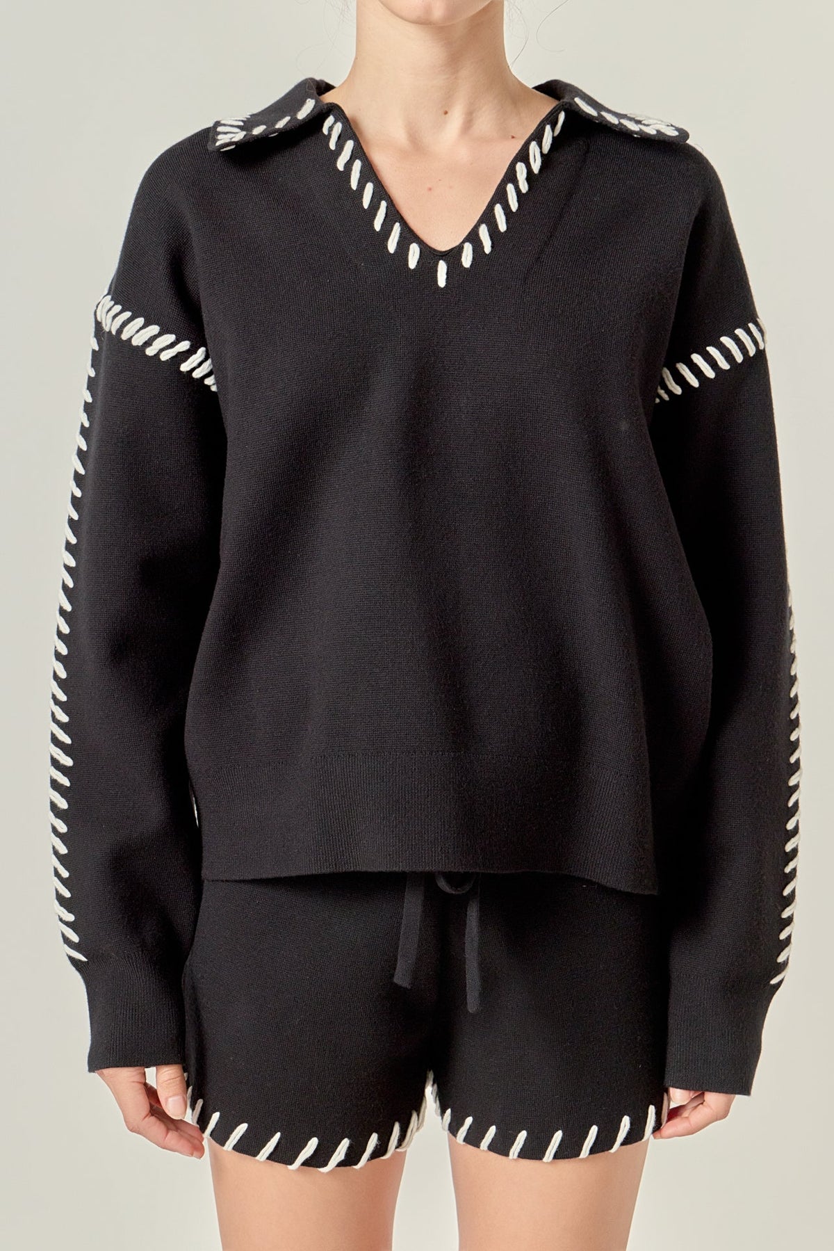 Stitch Detail Knit Collar Top