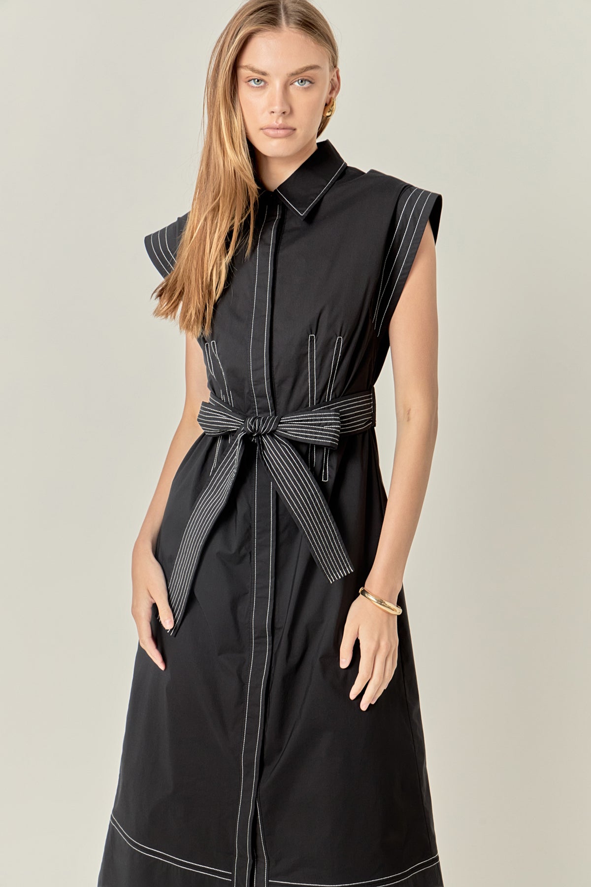 Contrast Stitch Shirt Midi Dress