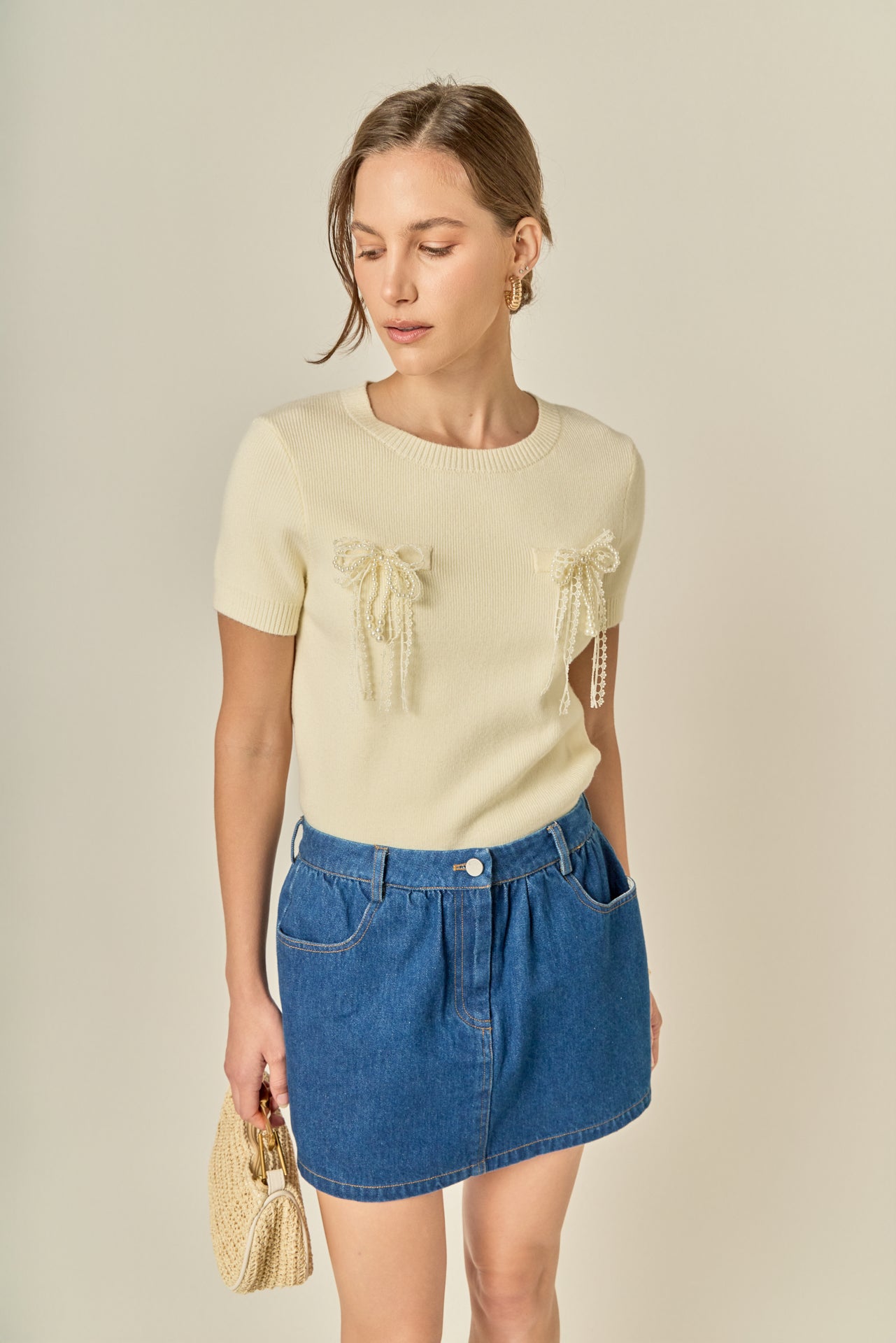 Short Sleeve Knit Top with Bow Detail
