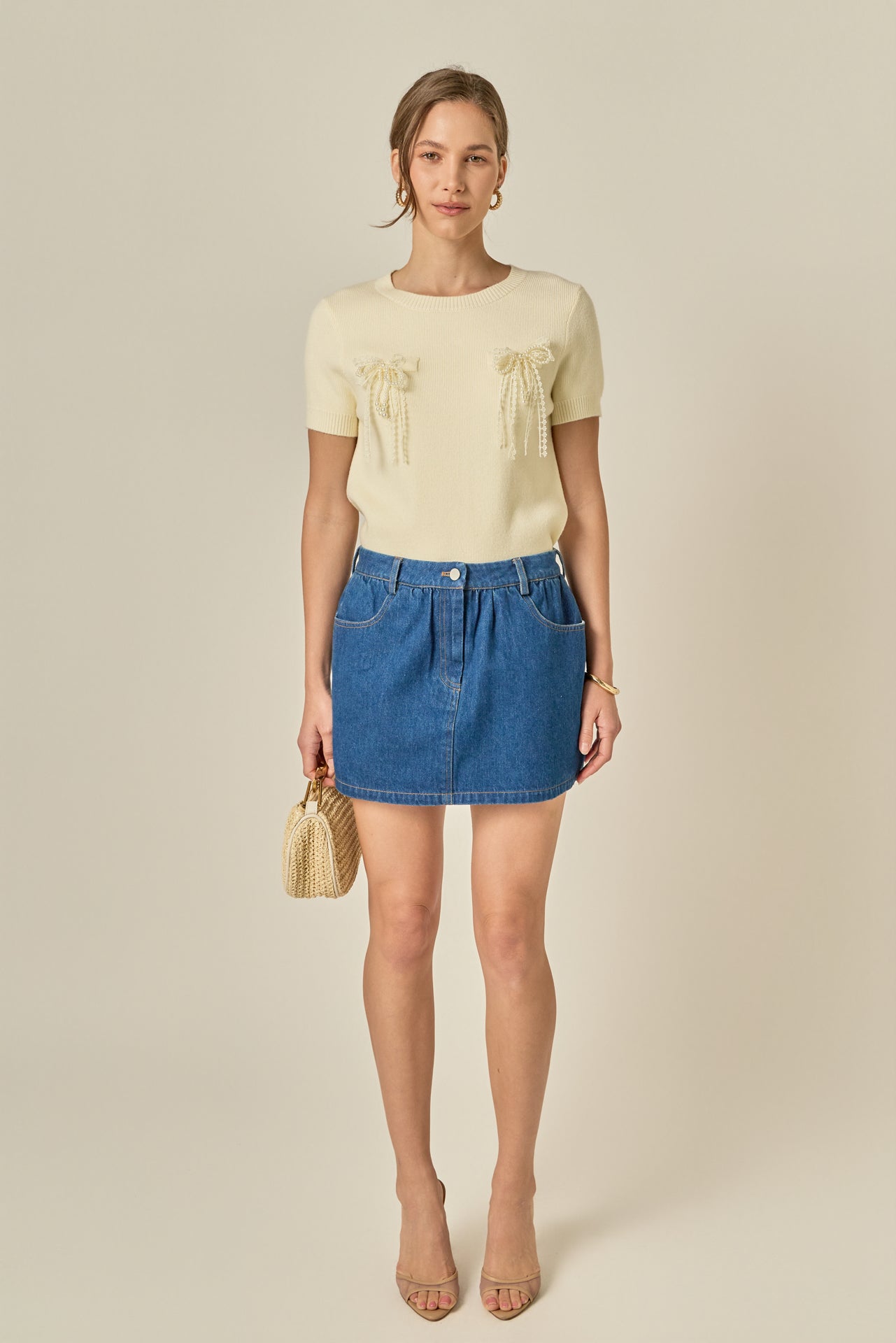 Short Sleeve Knit Top with Bow Detail