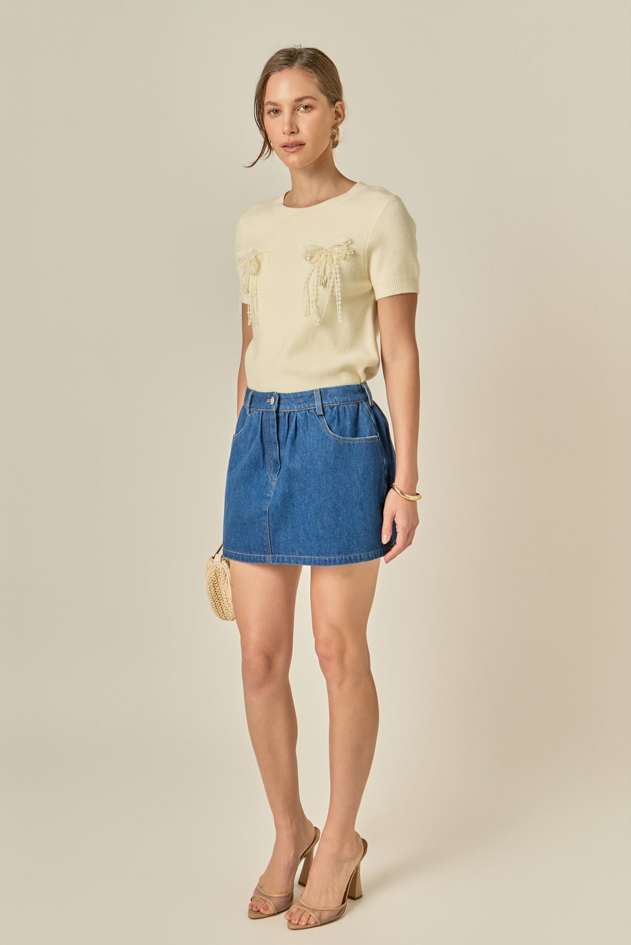Short Sleeve Knit Top with Bow Detail