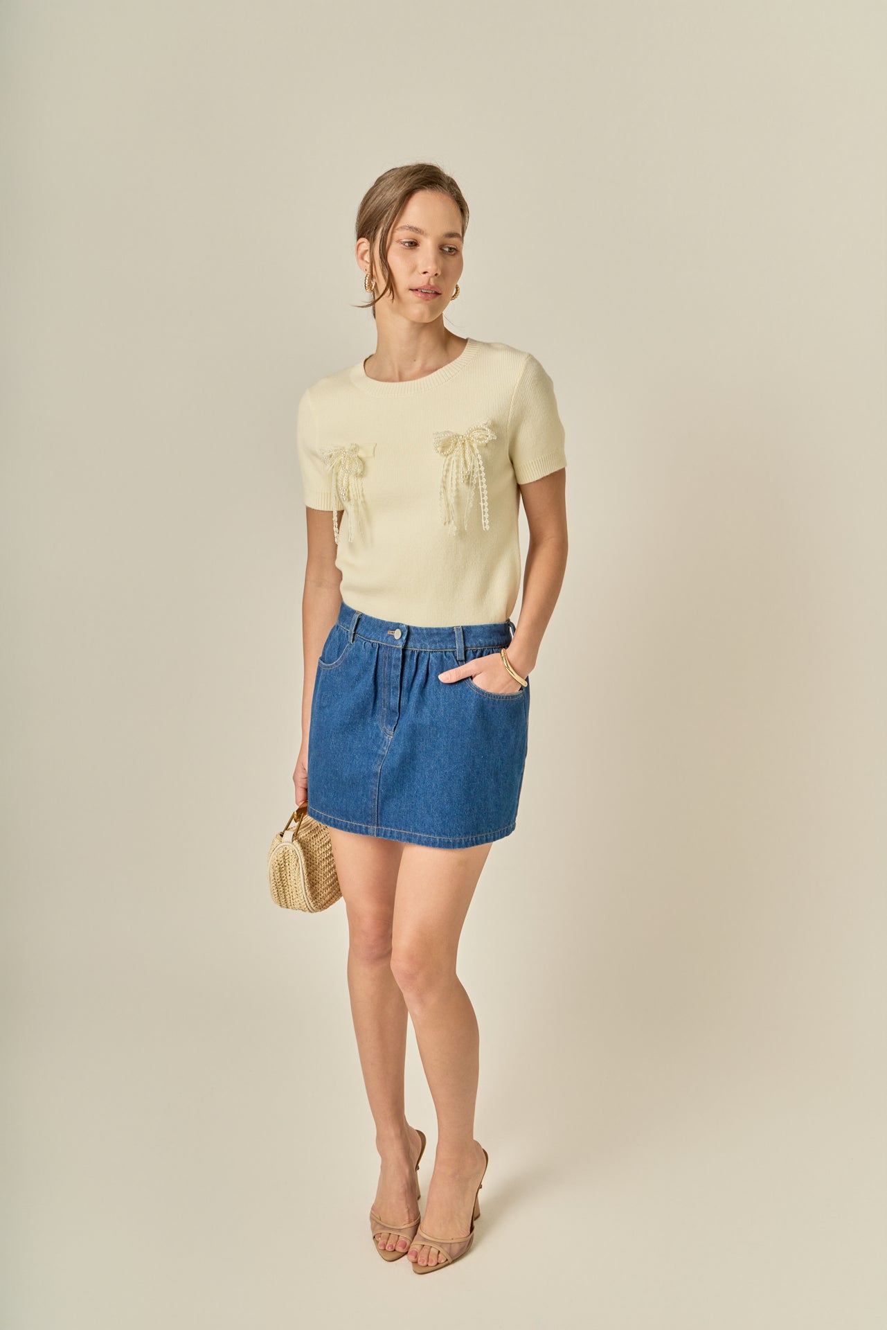 Short Sleeve Knit Top with Bow Detail