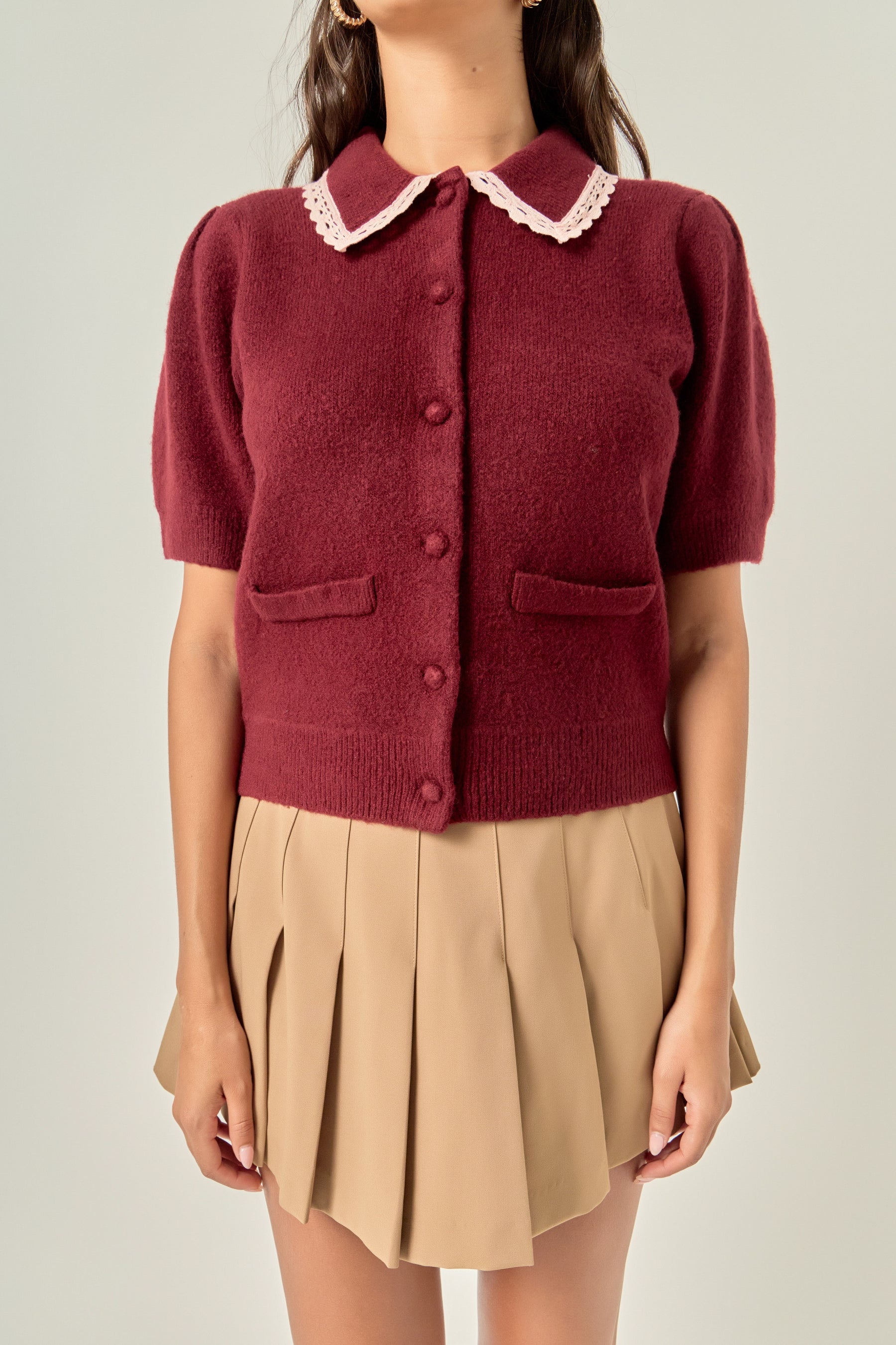 Lace Trimmed Puff Sleeve Knit Cardigan