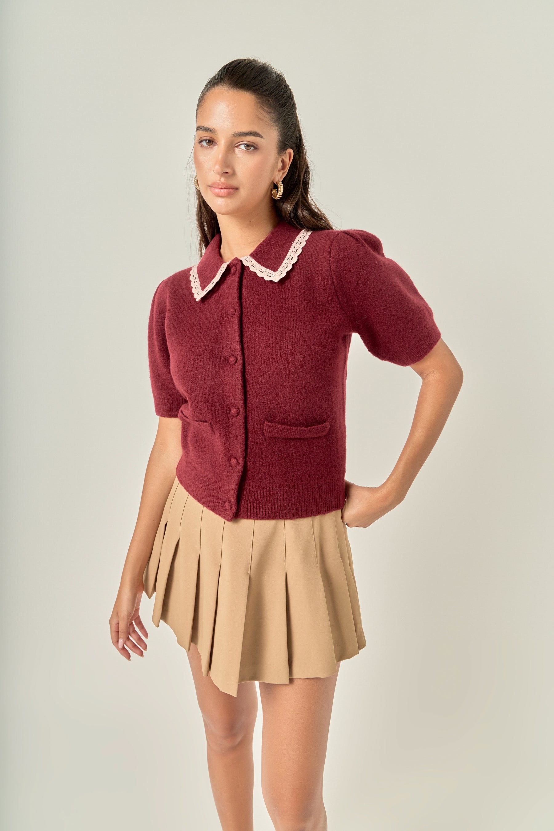 Lace Trimmed Puff Sleeve Knit Cardigan