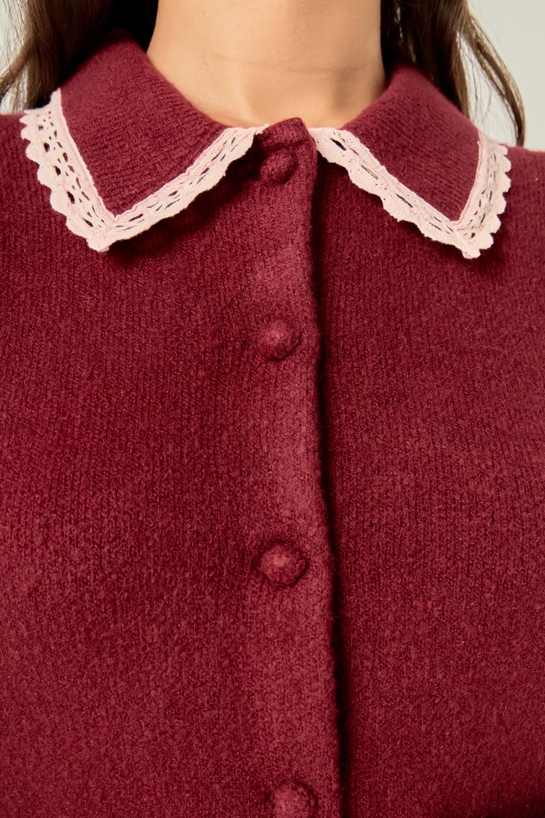 Lace Trimmed Puff Sleeve Knit Cardigan