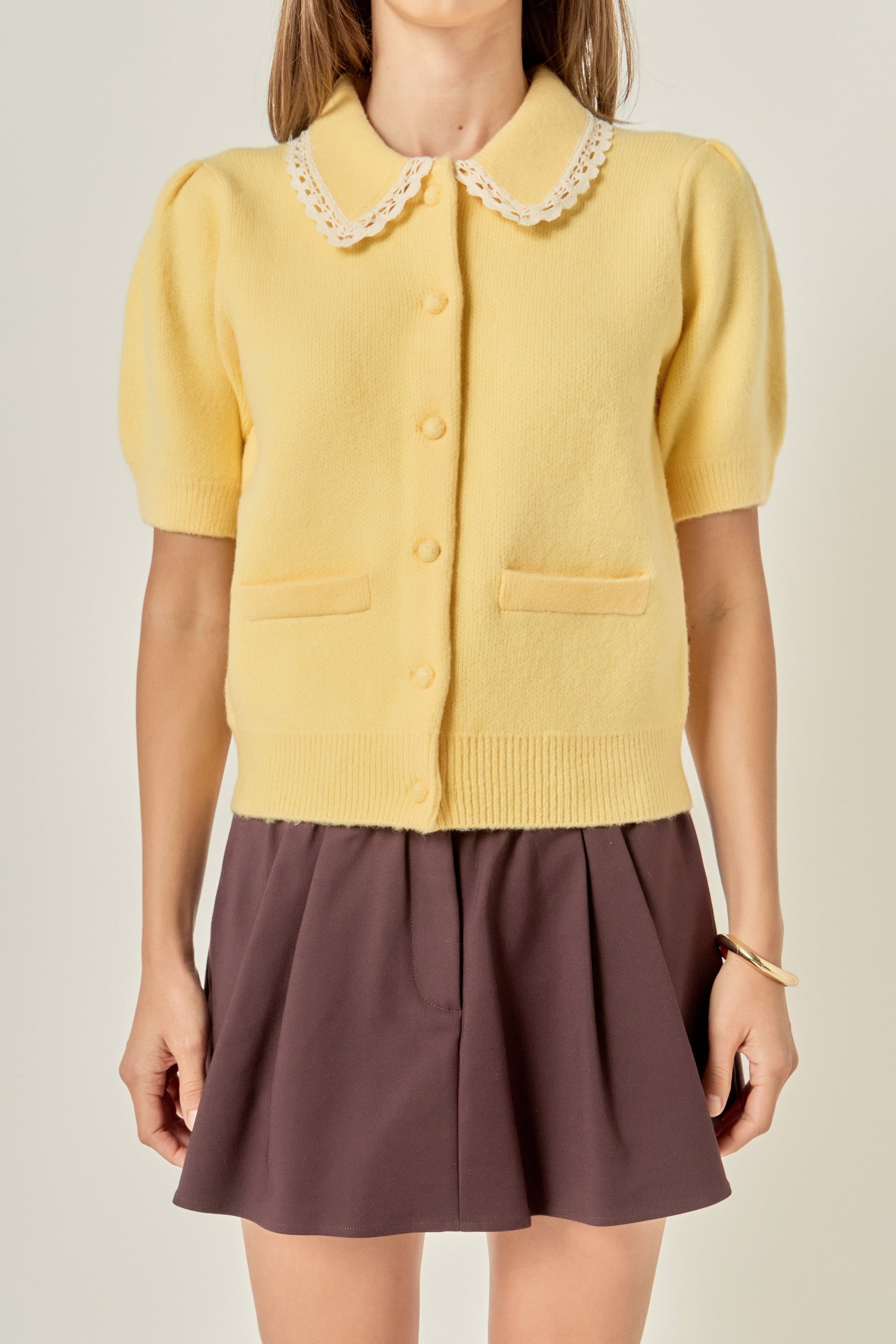 Lace Trimmed Puff Sleeve Knit Cardigan