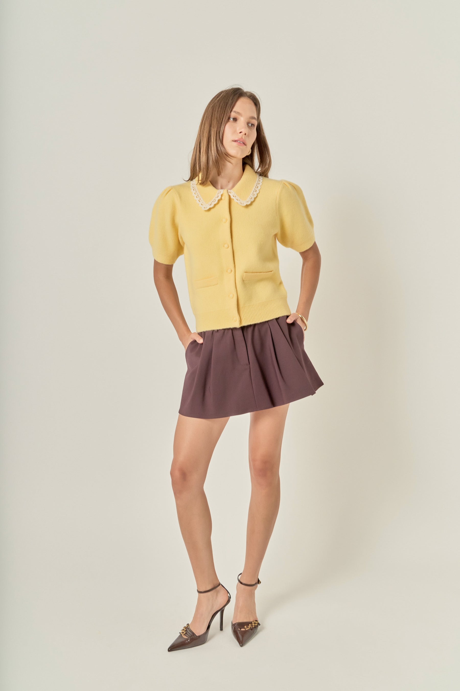Lace Trimmed Puff Sleeve Knit Cardigan