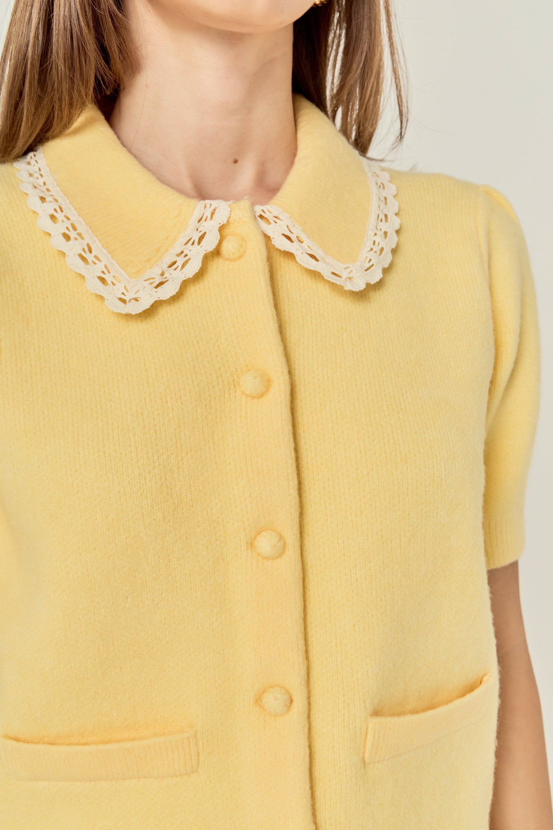 Lace Trimmed Puff Sleeve Knit Cardigan