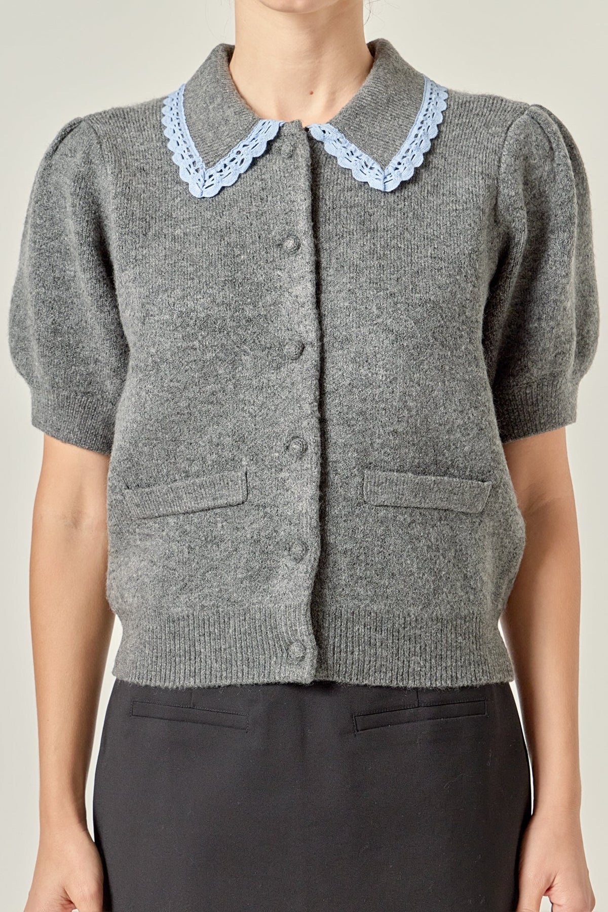 Lace Trimmed Puff Sleeve Knit Cardigan