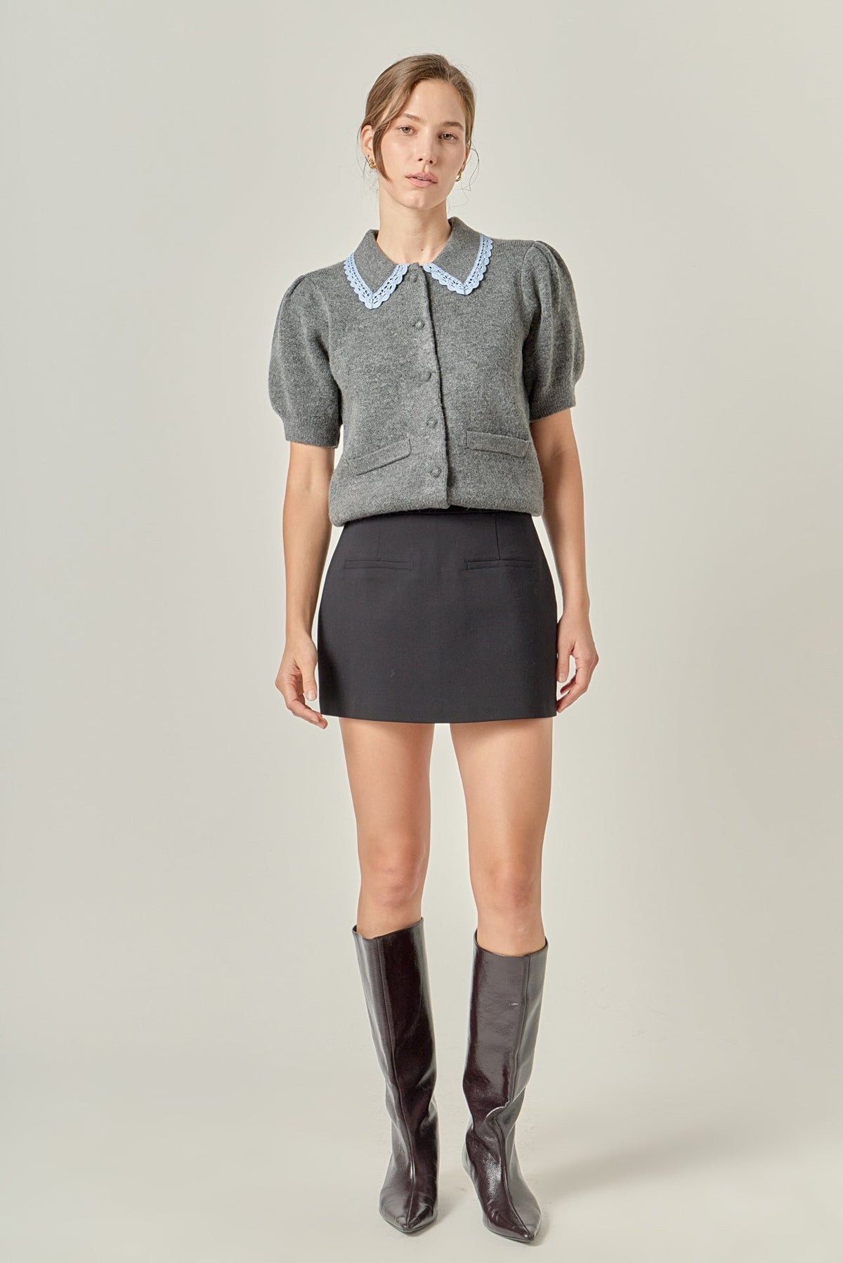 Lace Trimmed Puff Sleeve Knit Cardigan