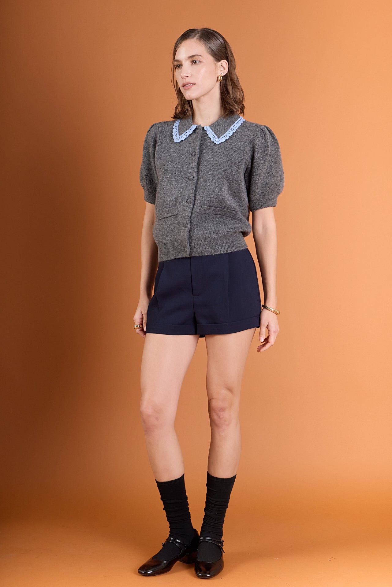 Lace Trimmed Puff Sleeve Knit Cardigan