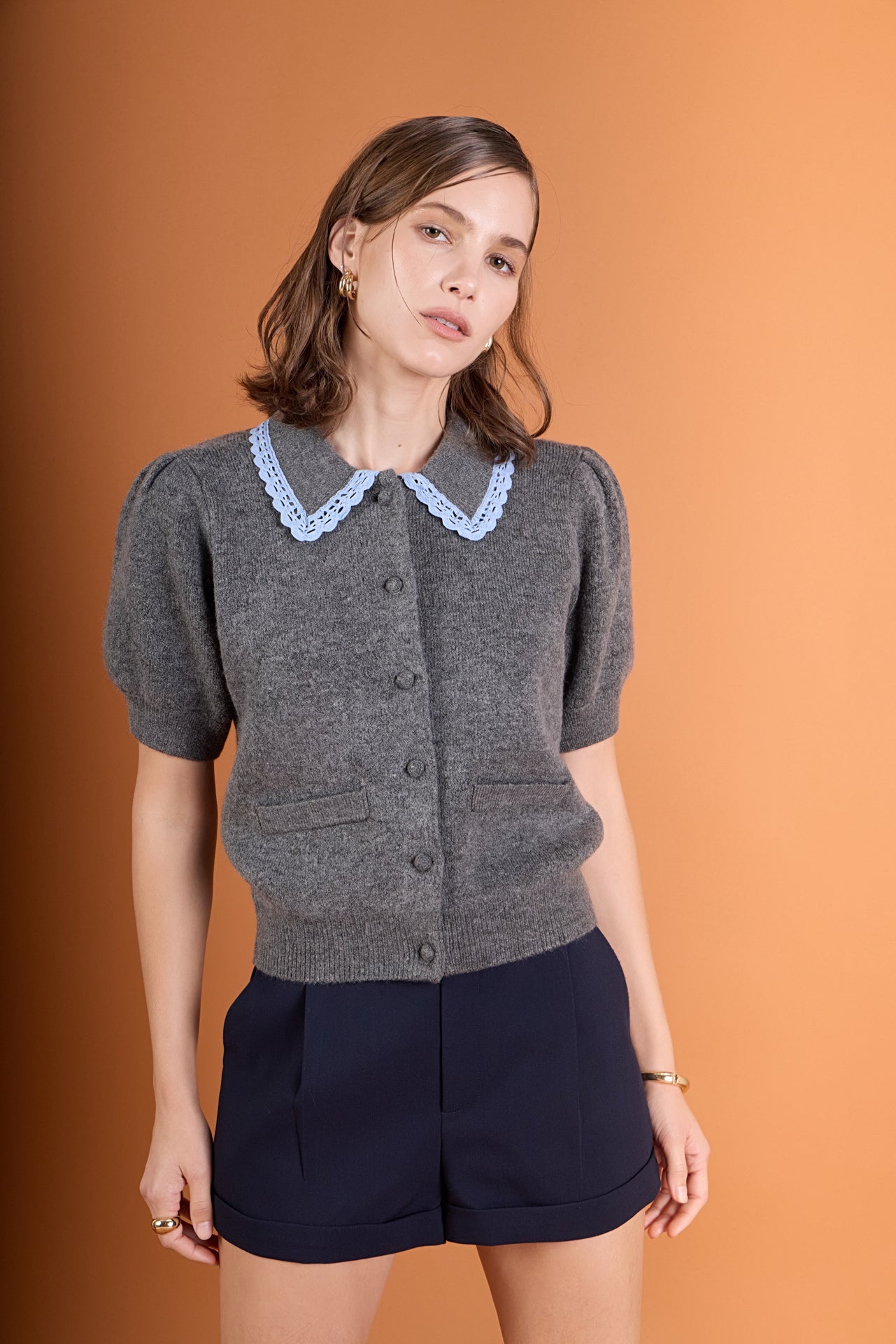 Lace Trimmed Puff Sleeve Knit Cardigan