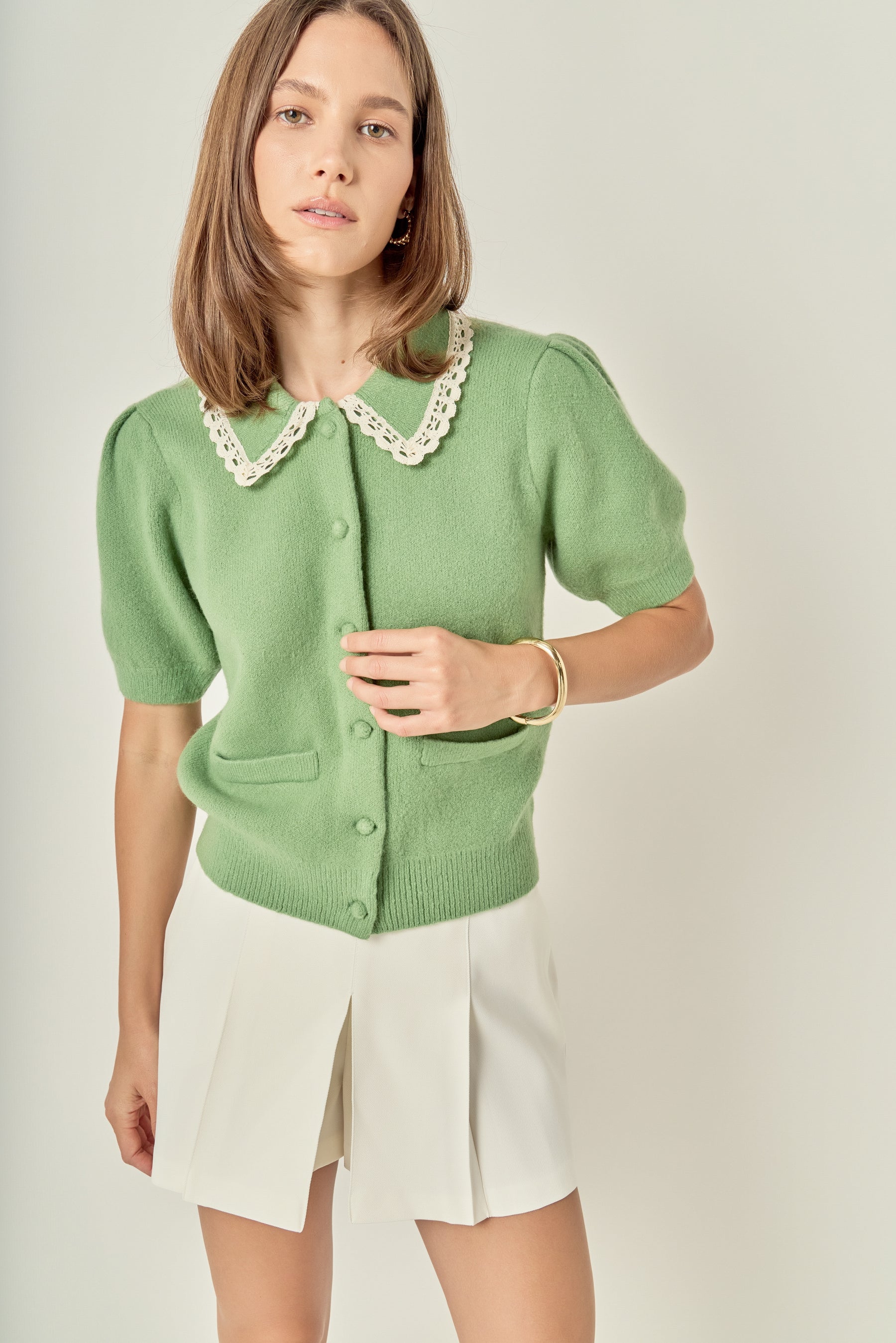 Lace Trimmed Puff Sleeve Knit Cardigan