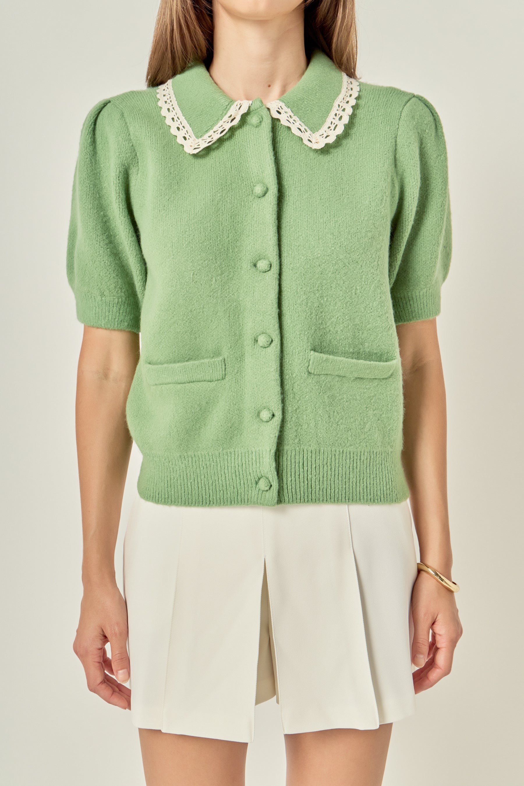 Lace Trimmed Puff Sleeve Knit Cardigan