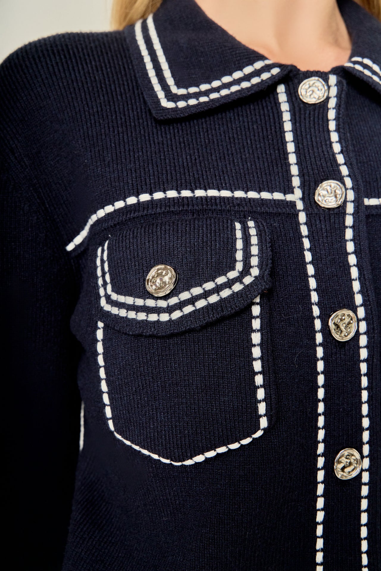 Denim-Look Knit Cardigan